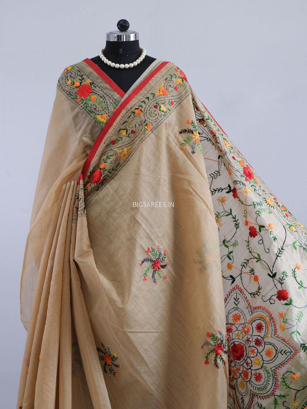 Phulkari Hand-Embroidered Saree | Chanderi Silk | Tuscan