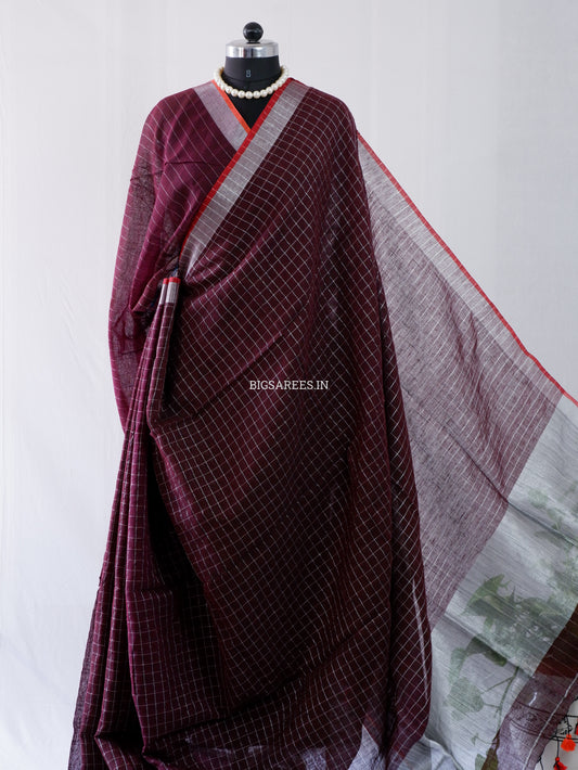 Cotton Linen Handloom Saree | Handloom Marked | Dark Brown Chocolate