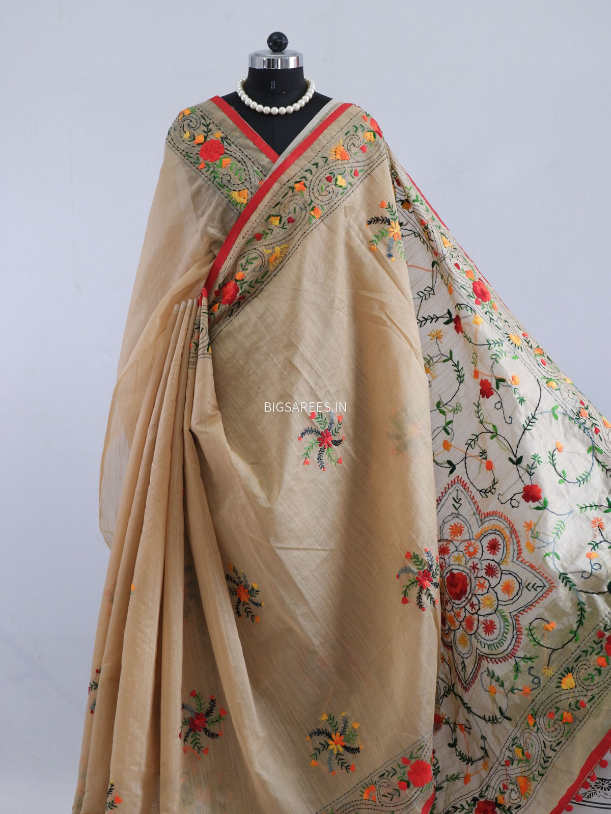 Phulkari Hand-Embroidered Saree | Chanderi Silk | Tuscan