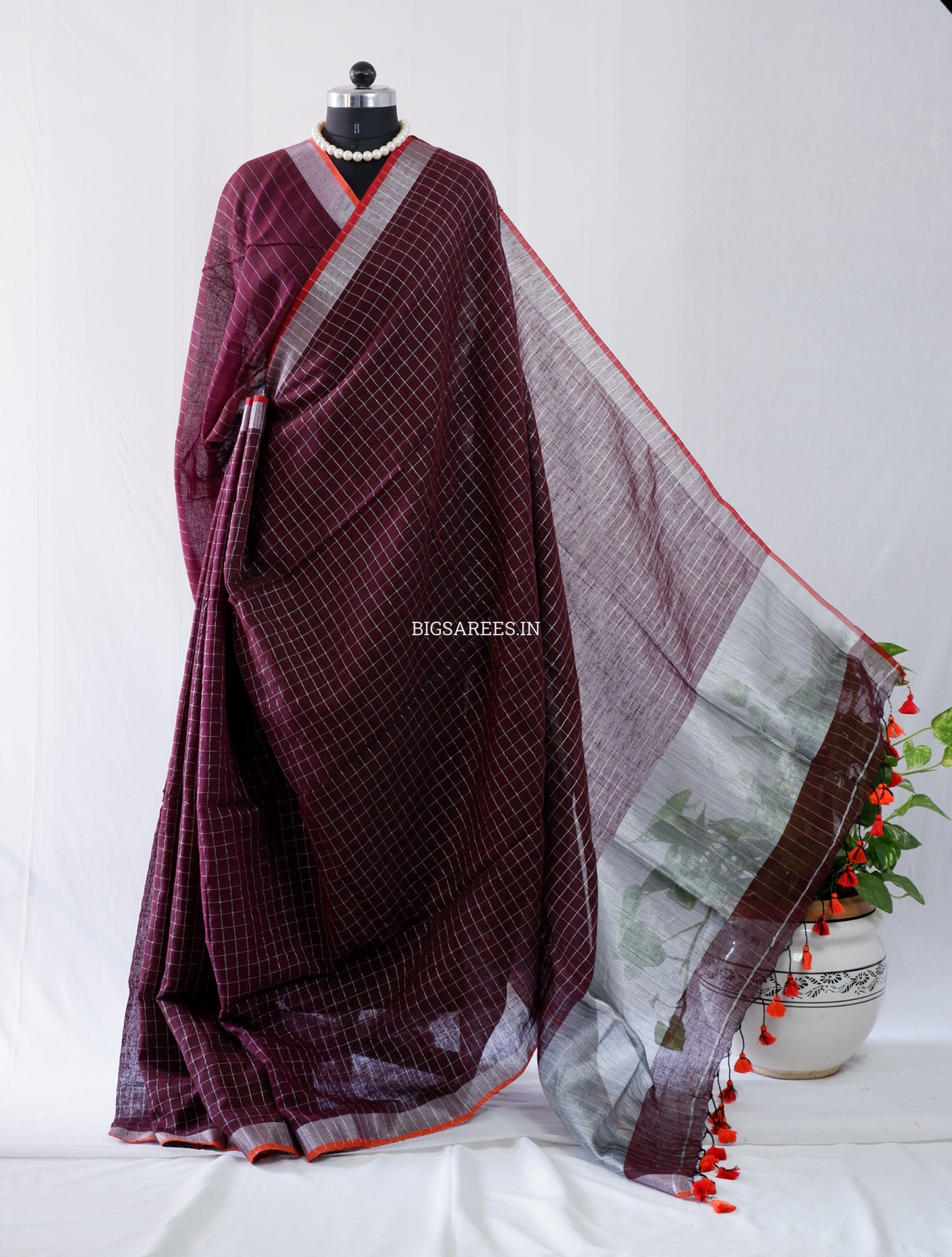Cotton Linen Handloom Saree | Handloom Marked | Dark Brown Chocolate