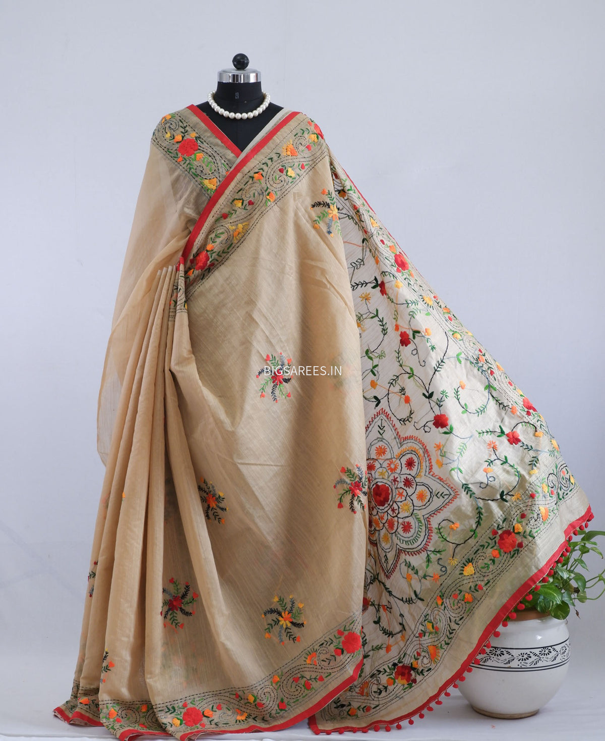 Phulkari Hand-Embroidered Saree | Chanderi Silk | Tuscan