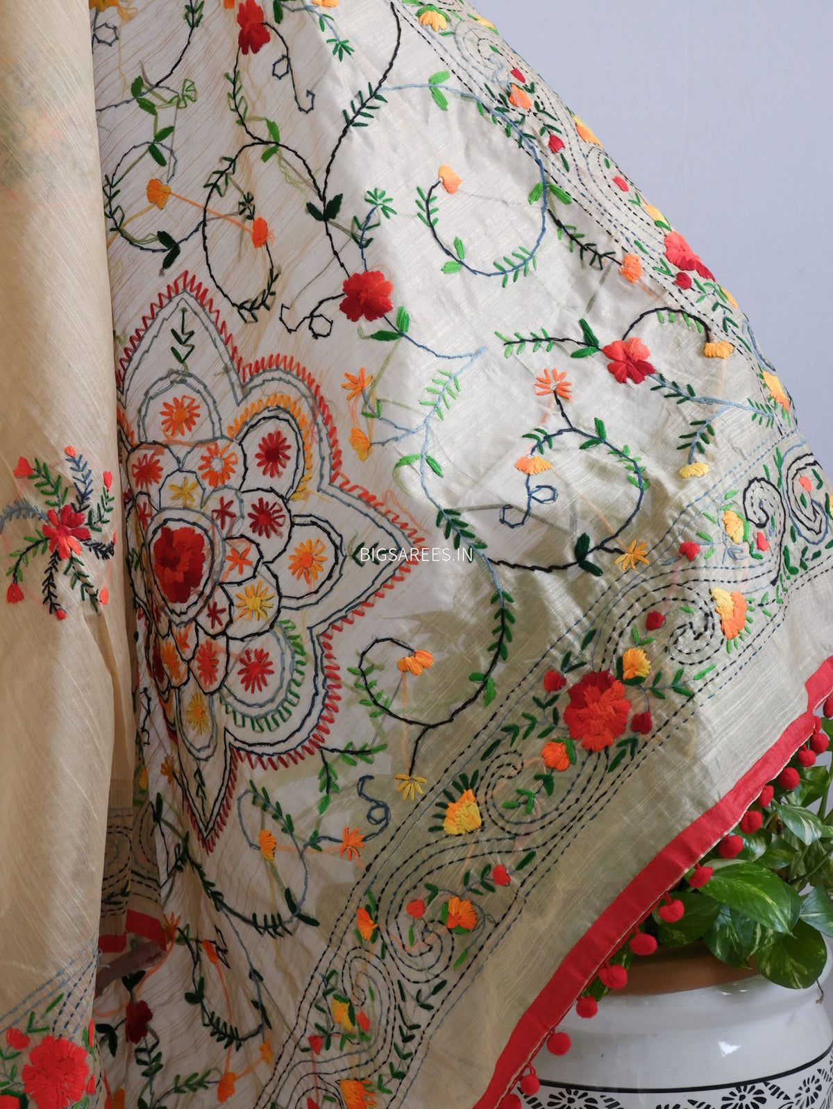 Phulkari Hand-Embroidered Saree | Chanderi Silk | Tuscan
