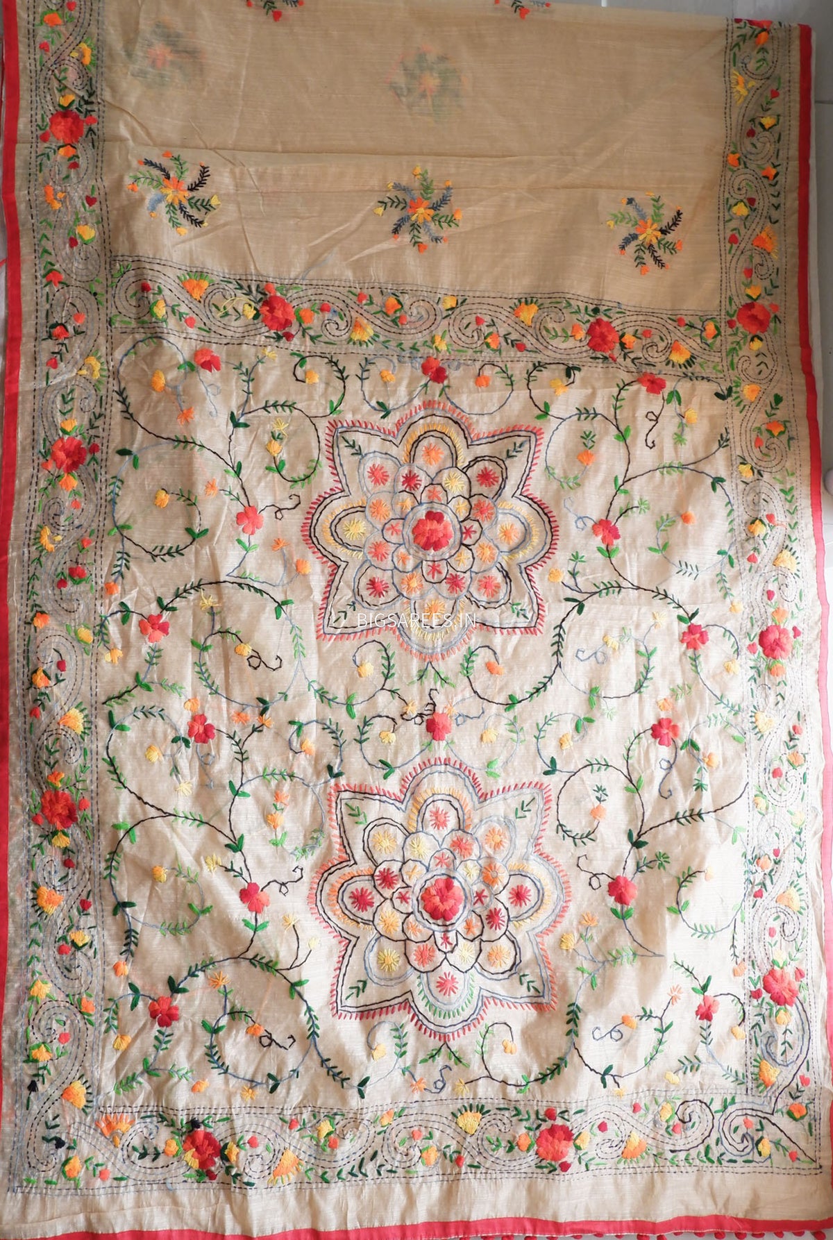 Phulkari Hand-Embroidered Saree | Chanderi Silk | Tuscan