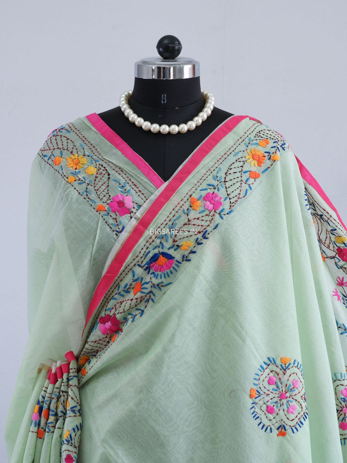 Phulkari Hand-Embroidered Saree | Chanderi Silk | Mint Green