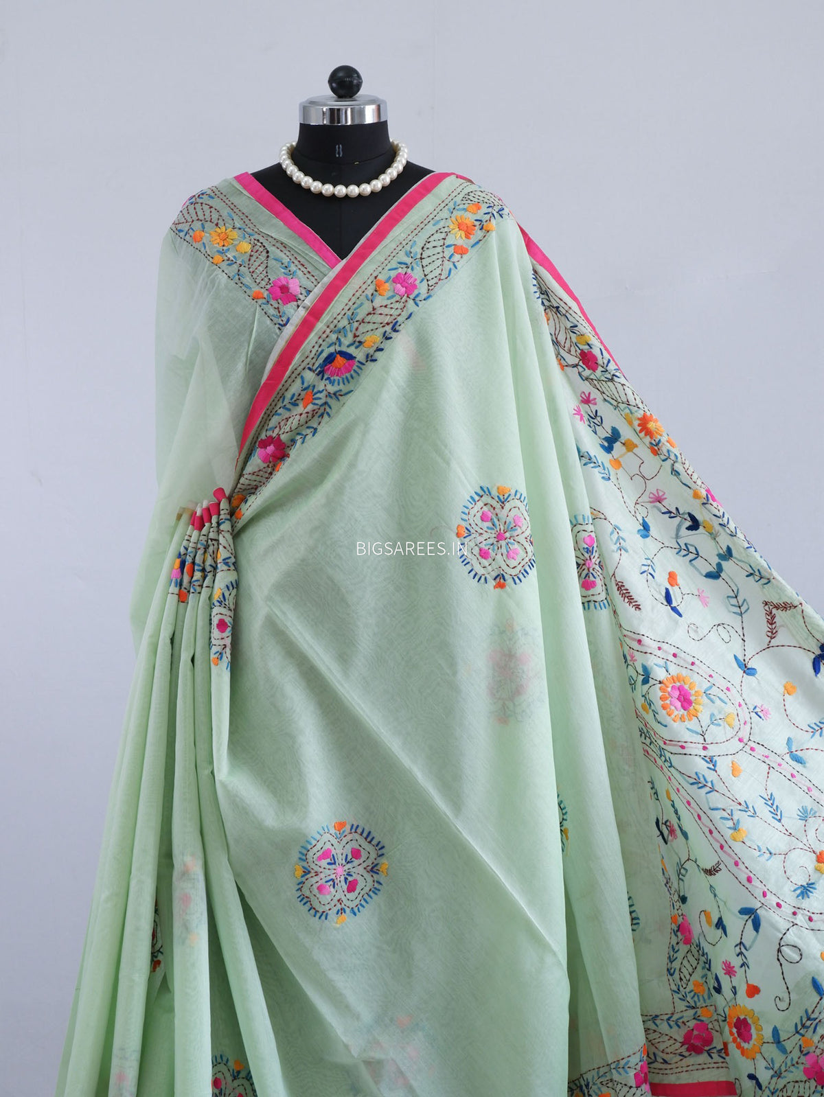 Phulkari Hand-Embroidered Saree | Chanderi Silk | Mint Green