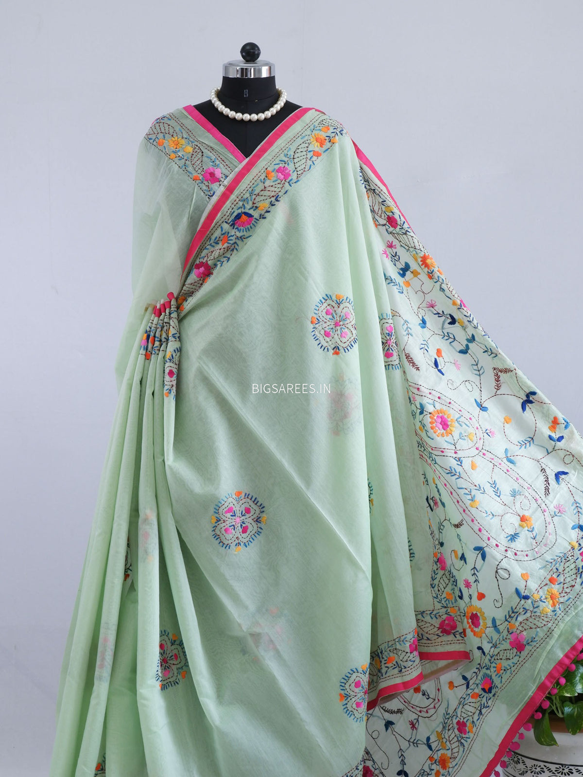 Phulkari Hand-Embroidered Saree | Chanderi Silk | Mint Green