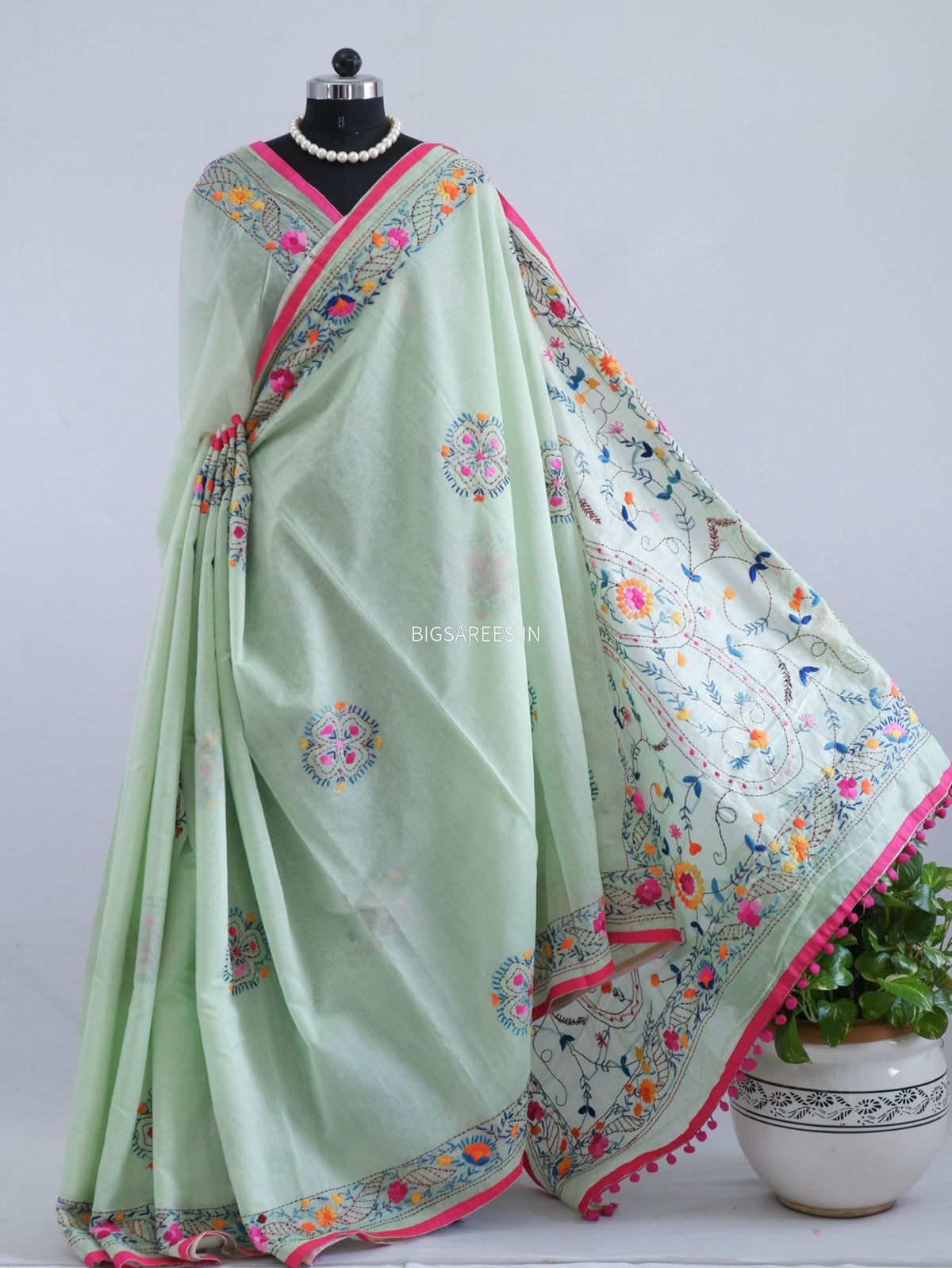 Phulkari Hand-Embroidered Saree | Chanderi Silk | Mint Green