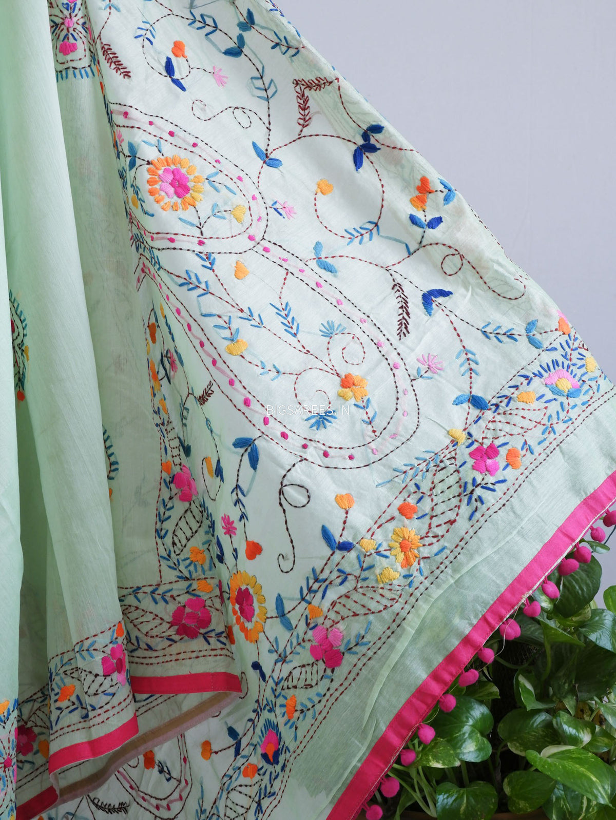 Phulkari Hand-Embroidered Saree | Chanderi Silk | Mint Green