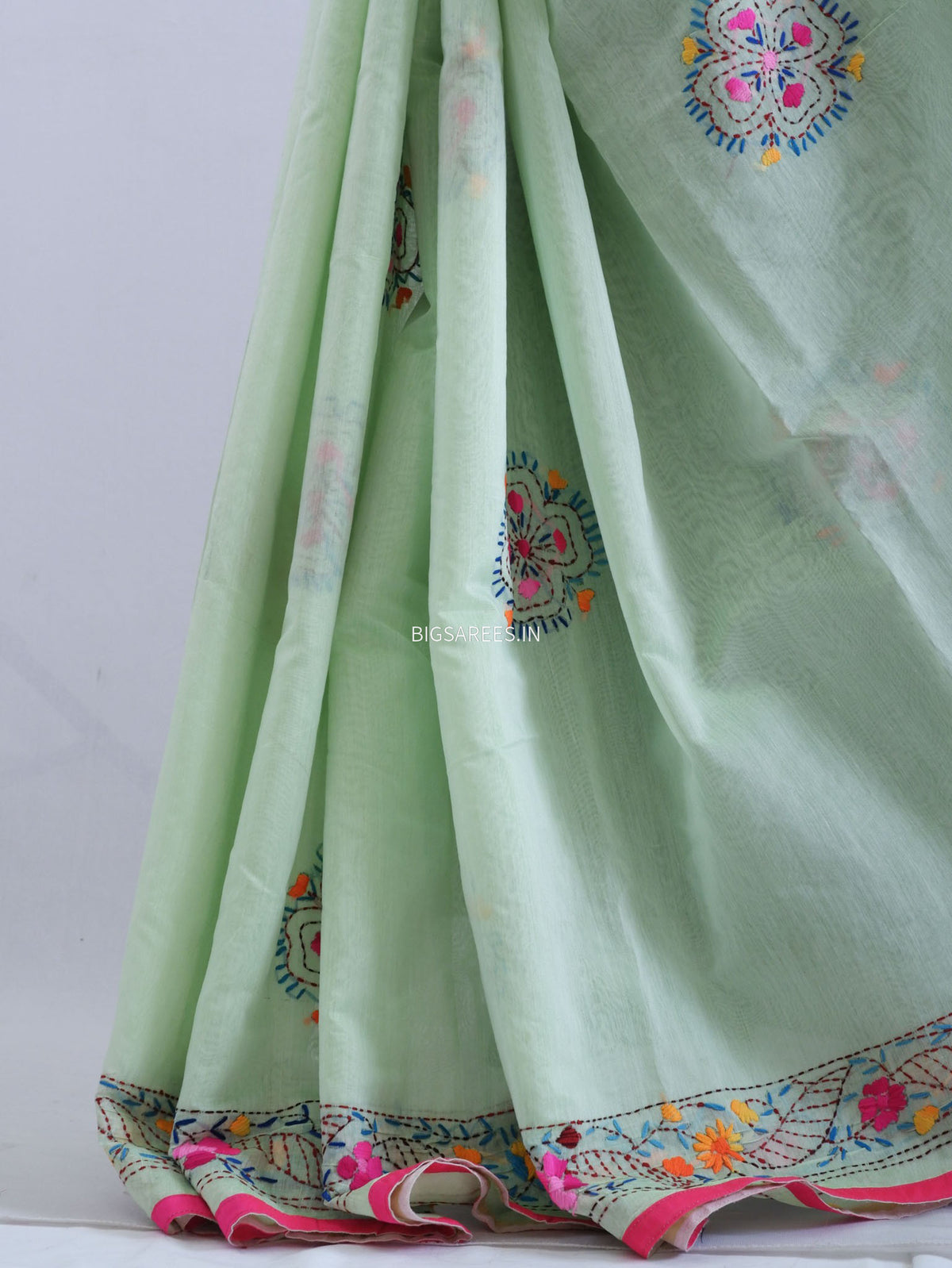 Phulkari Hand-Embroidered Saree | Chanderi Silk | Mint Green