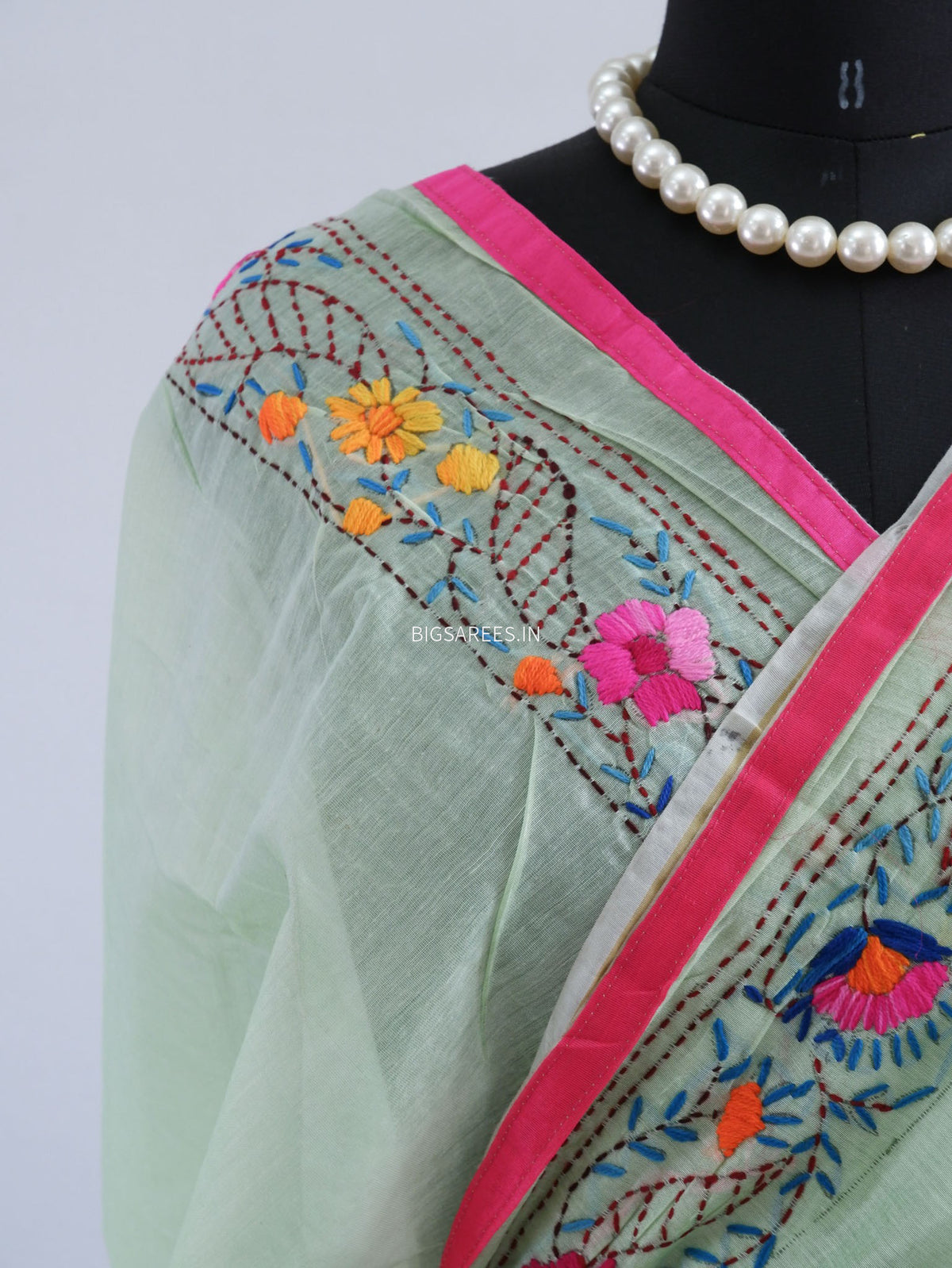Phulkari Hand-Embroidered Saree | Chanderi Silk | Mint Green