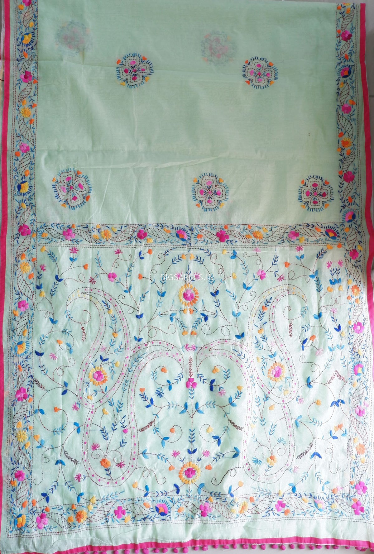 Phulkari Hand-Embroidered Saree | Chanderi Silk | Mint Green