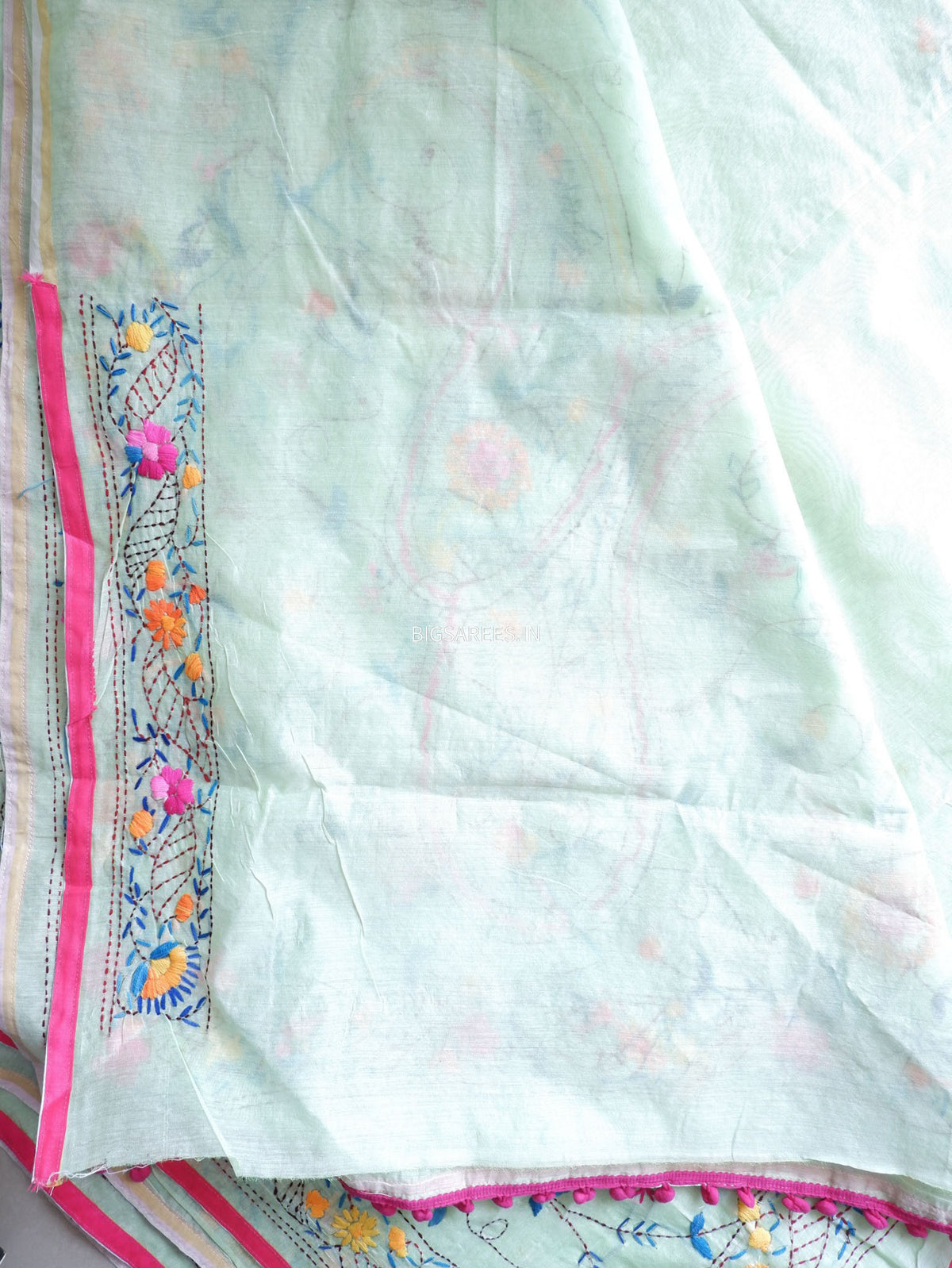 Phulkari Hand-Embroidered Saree | Chanderi Silk | Mint Green
