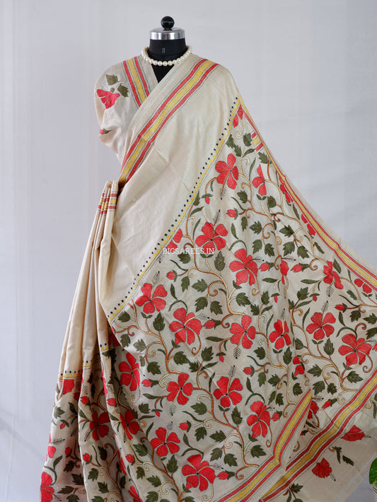 Kantha - Stitch Hand Embroidered Saree | Gachi Tussar Silk | Silk Marked | Off- White