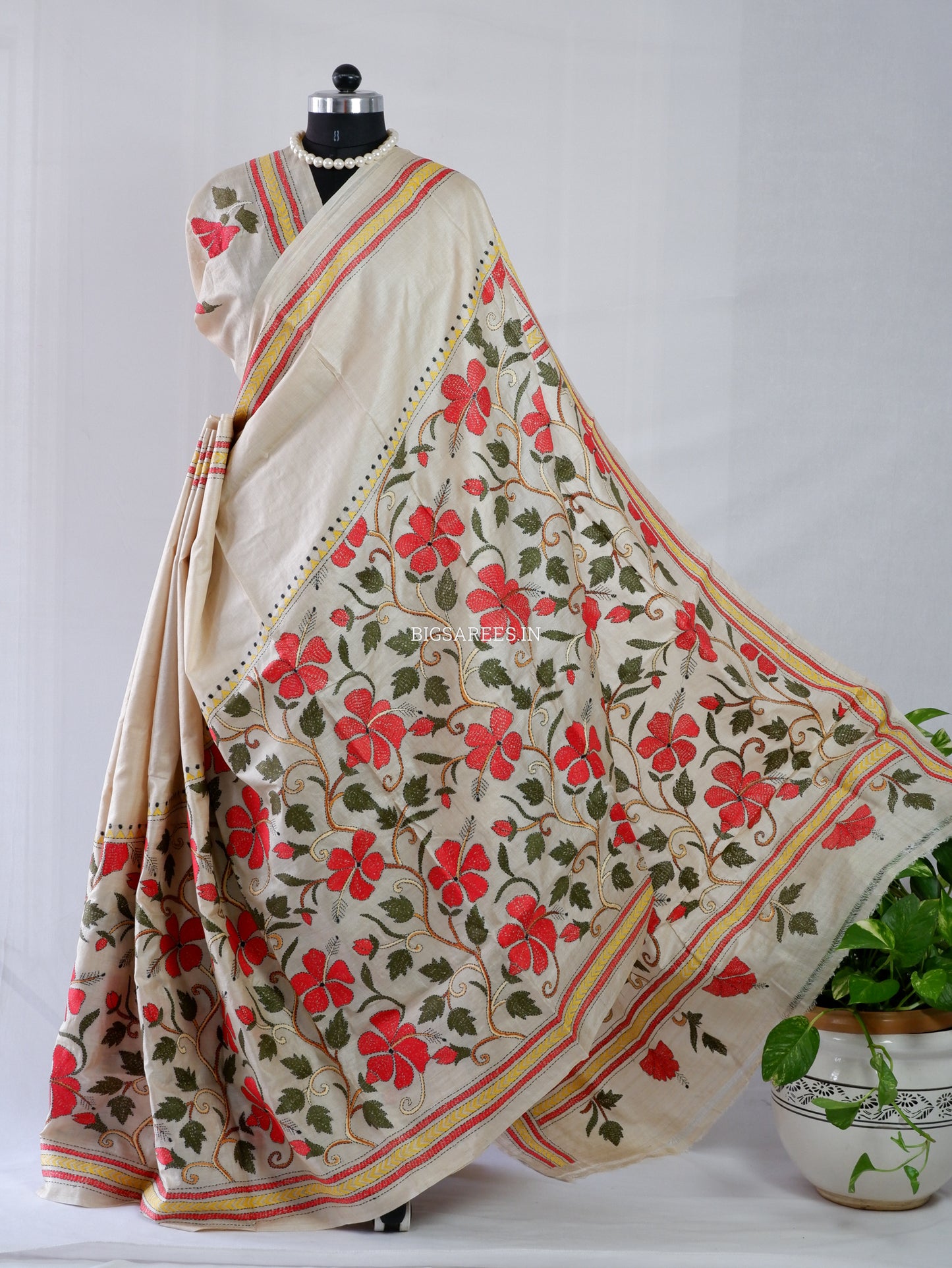 Kantha - Stitch Hand Embroidered Saree | Gachi Tussar Silk | Silk Marked | Off- White
