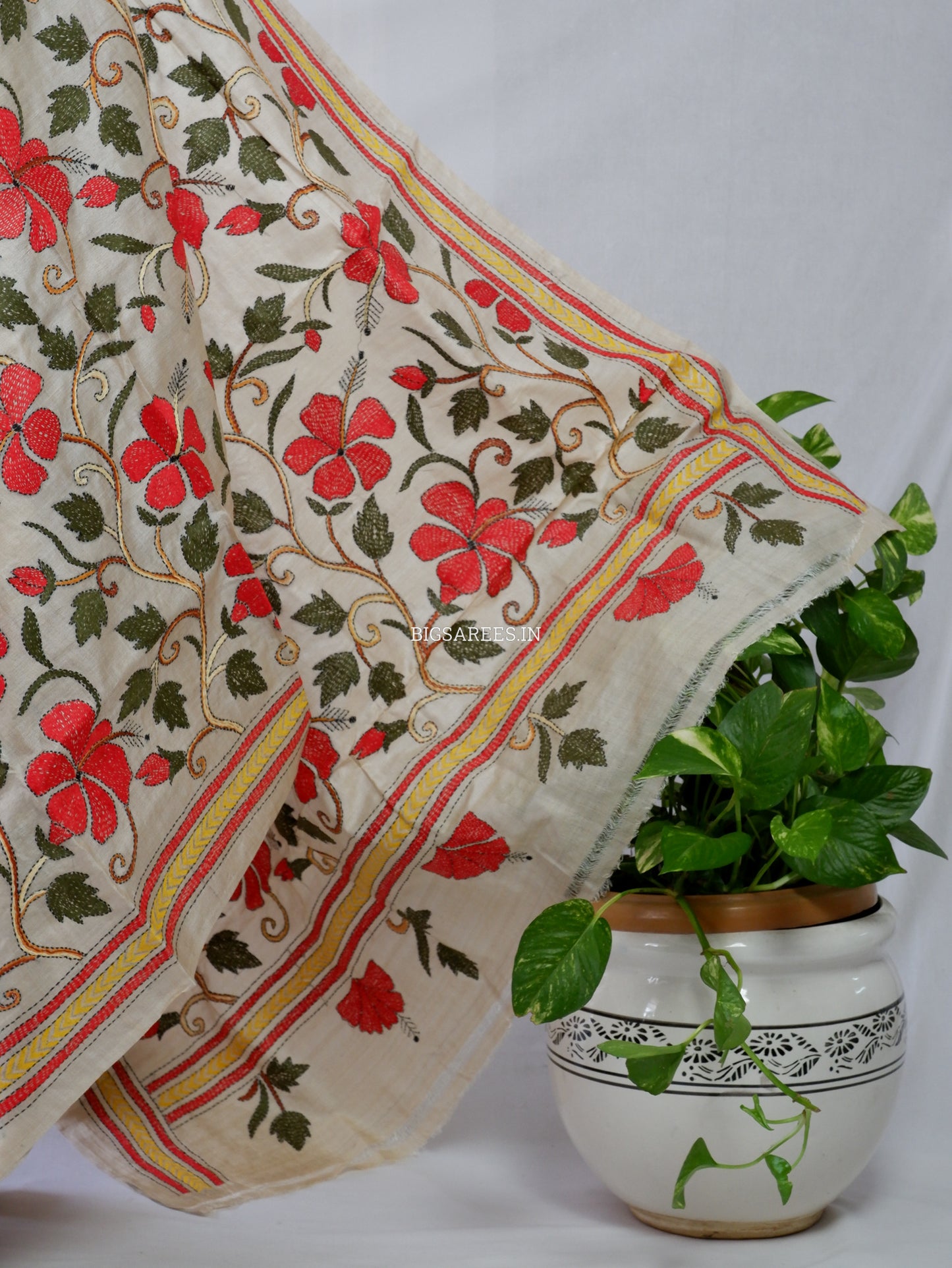 Kantha - Stitch Hand Embroidered Saree | Gachi Tussar Silk | Silk Marked | Off- White