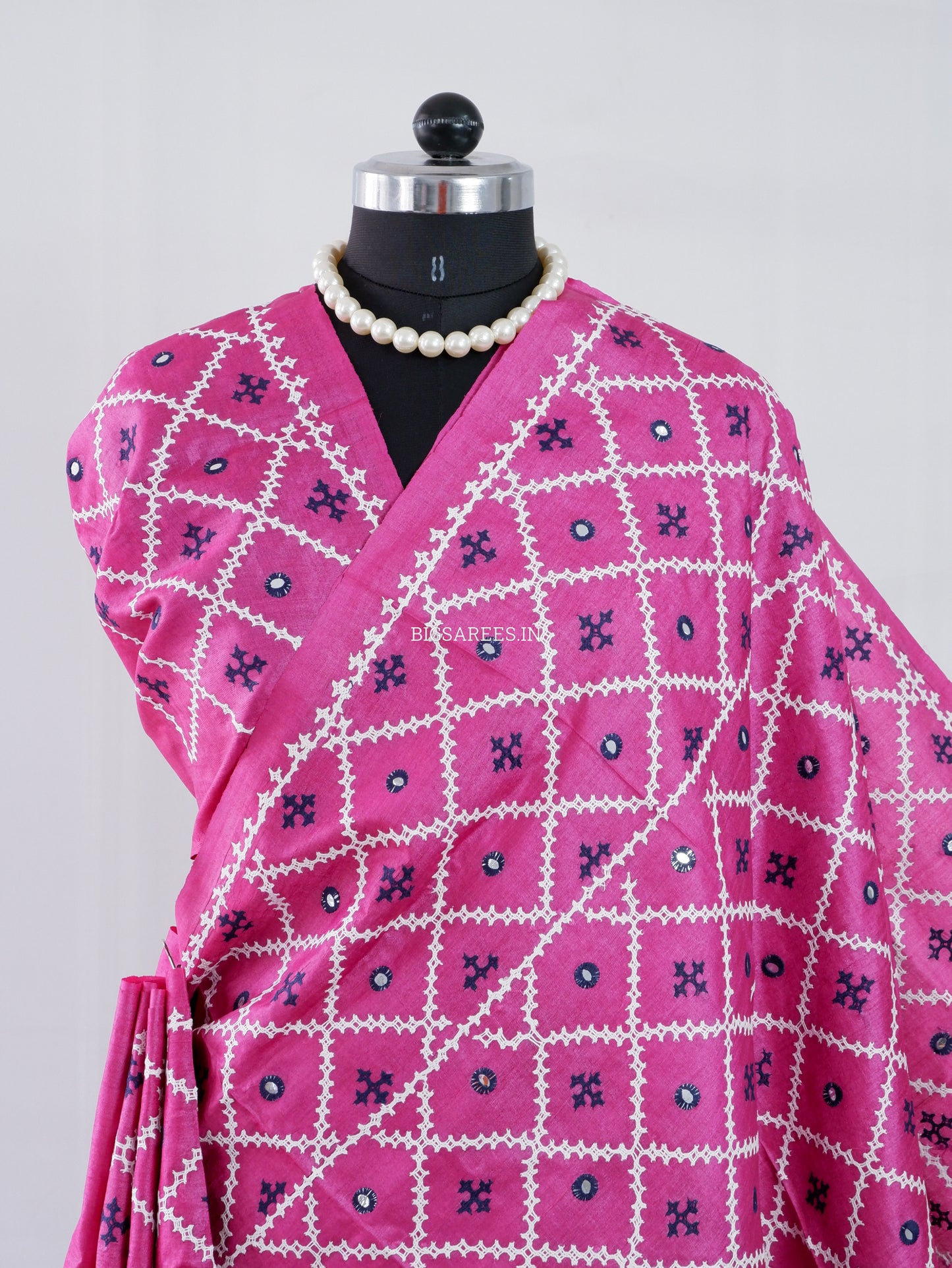 Kutchi Hand Embroidered Saree | Tassar Silk | Silk Marked | Dark Pink