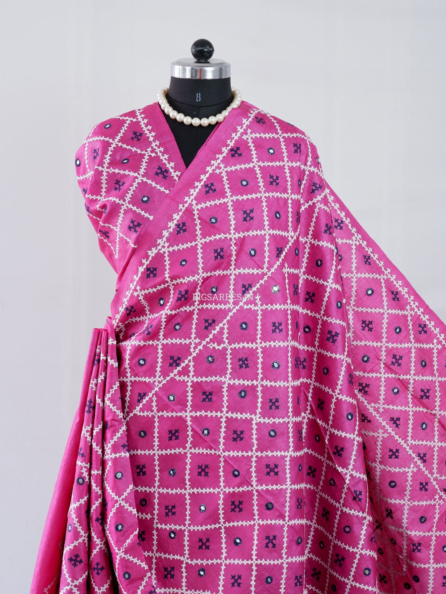 Kutchi Hand Embroidered Saree | Tassar Silk | Silk Marked | Dark Pink