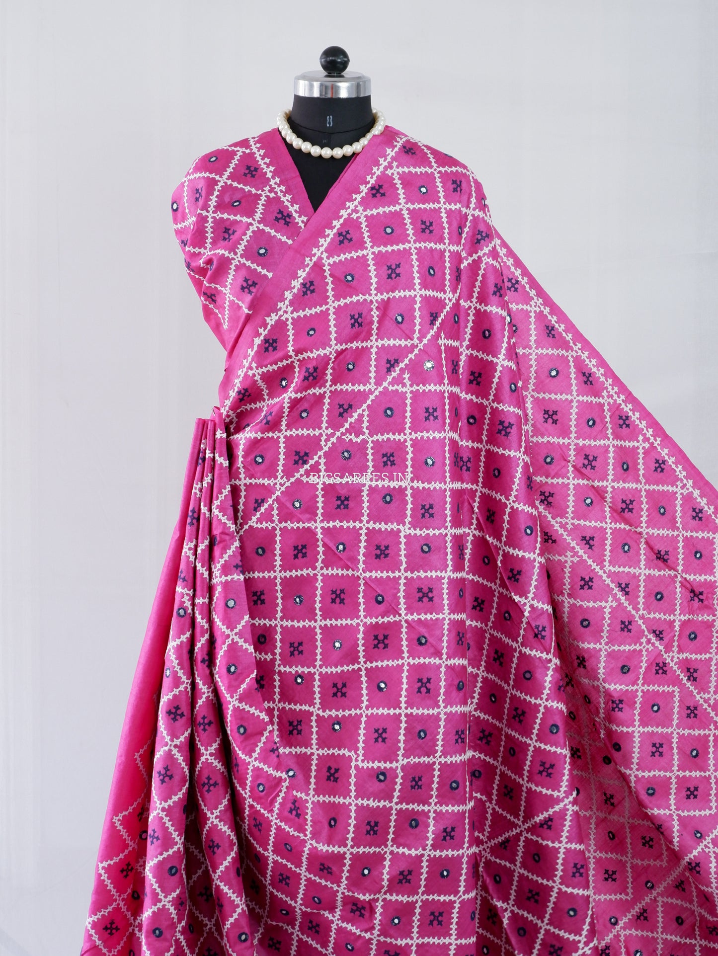 Kutchi Hand Embroidered Saree | Tassar Silk | Silk Marked | Dark Pink