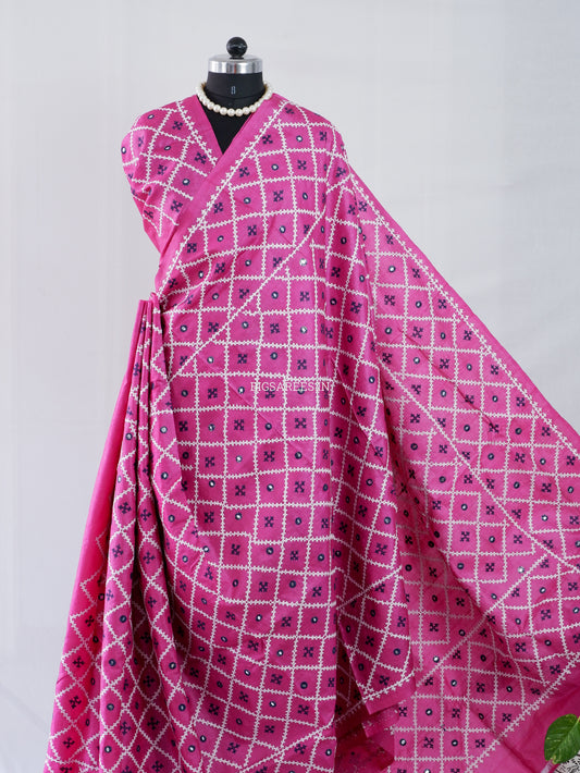 Kutchi Hand Embroidered Saree | Tassar Silk | Silk Marked | Dark Pink