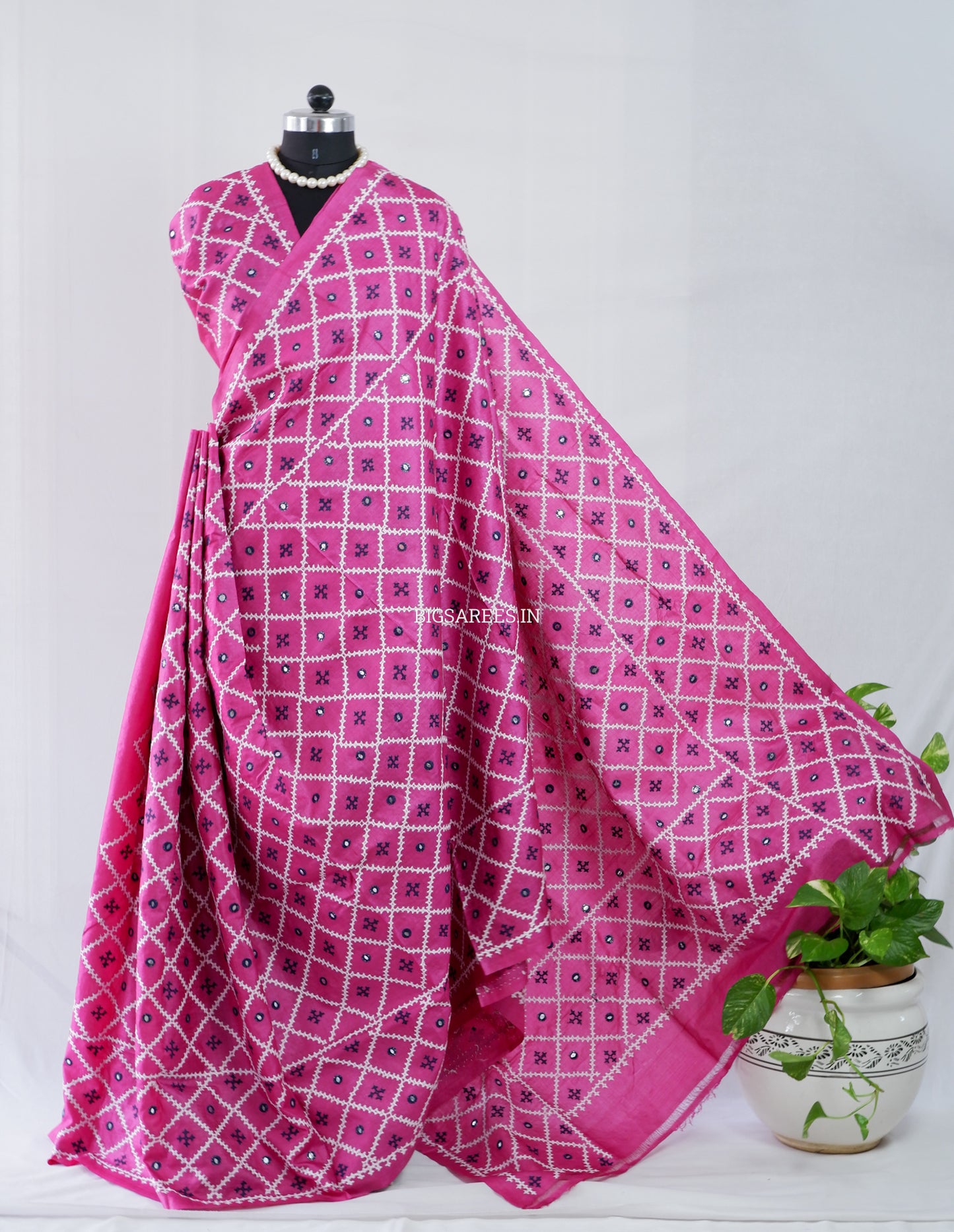 Kutchi Hand Embroidered Saree | Tassar Silk | Silk Marked | Dark Pink
