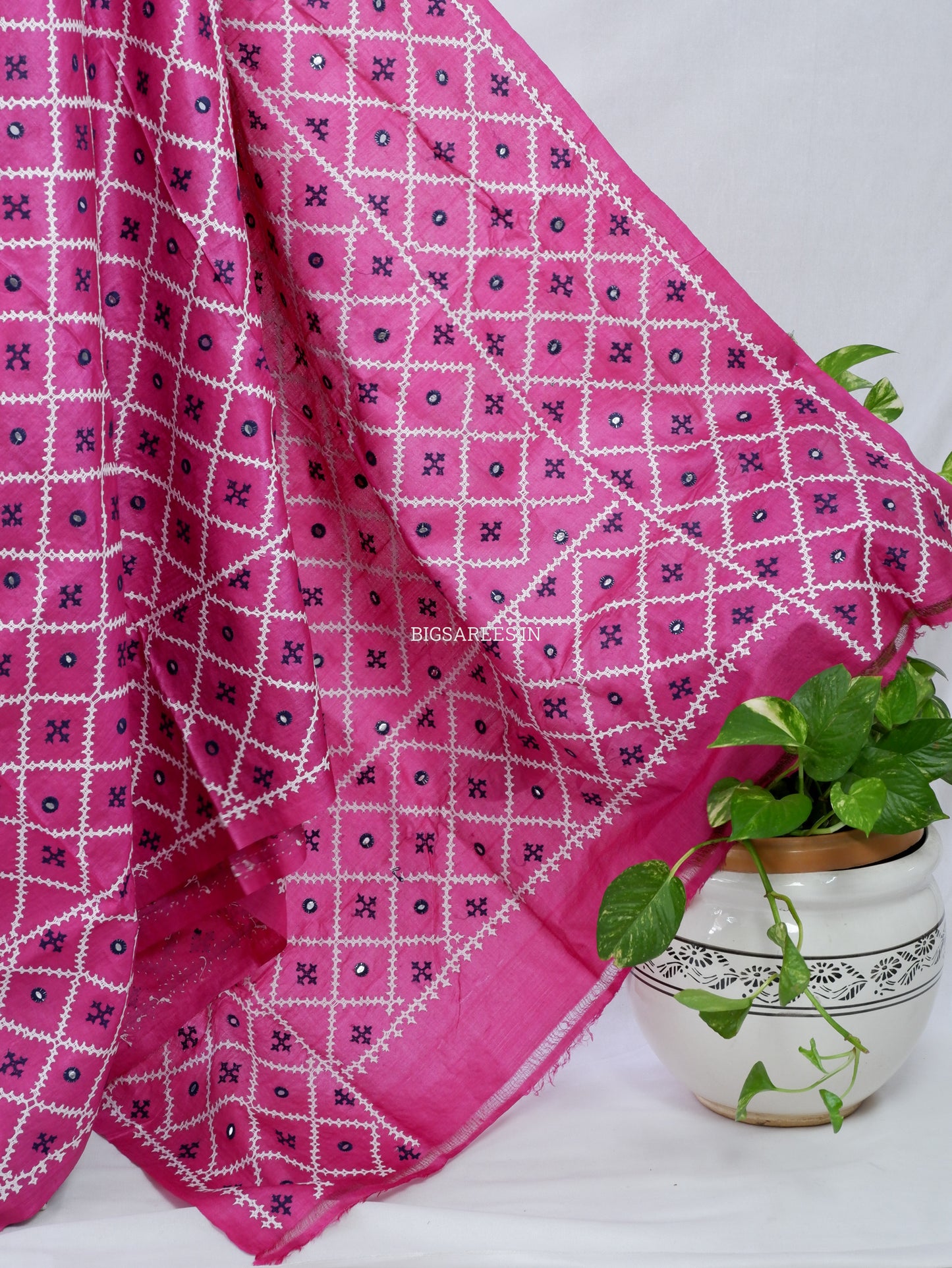 Kutchi Hand Embroidered Saree | Tassar Silk | Silk Marked | Dark Pink