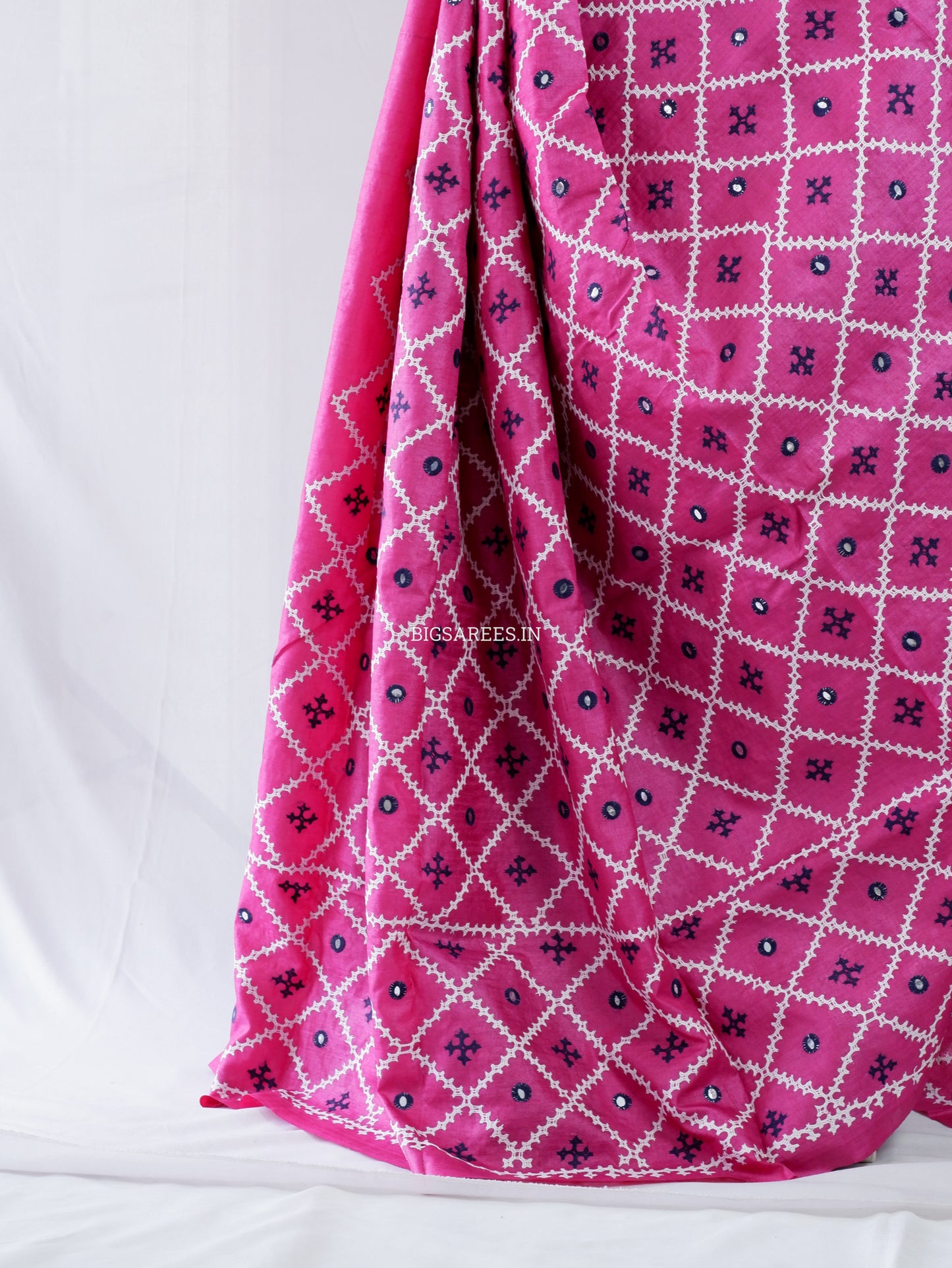 Kutchi Hand Embroidered Saree | Tassar Silk | Silk Marked | Dark Pink