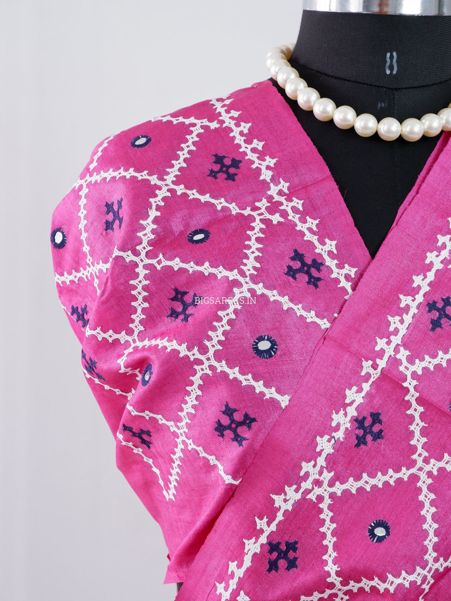 Kutchi Hand Embroidered Saree | Tassar Silk | Silk Marked | Dark Pink