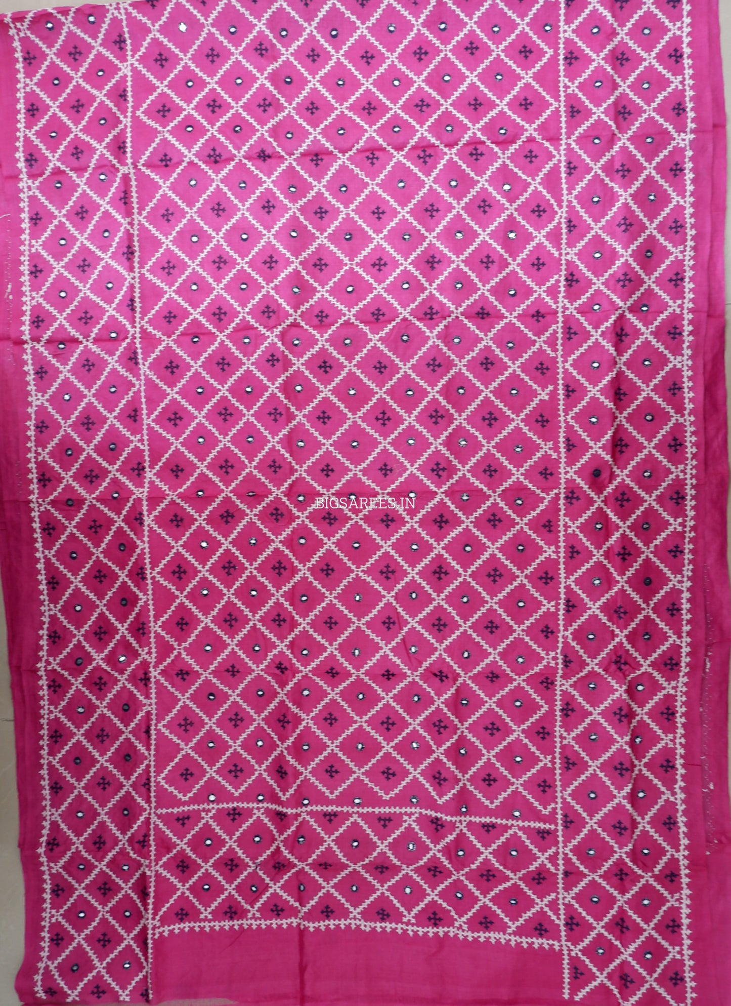 Kutchi Hand Embroidered Saree | Tassar Silk | Silk Marked | Dark Pink