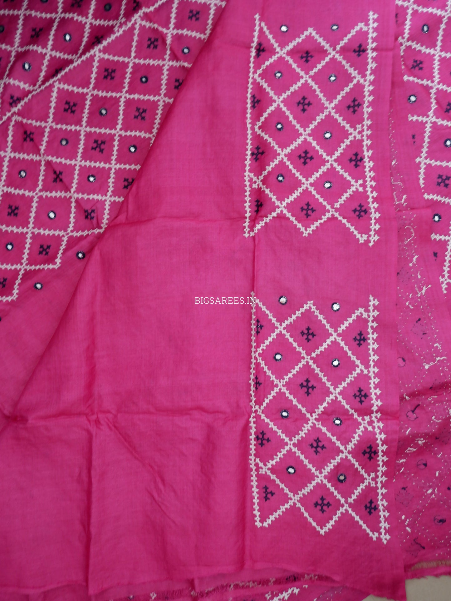 Kutchi Hand Embroidered Saree | Tassar Silk | Silk Marked | Dark Pink
