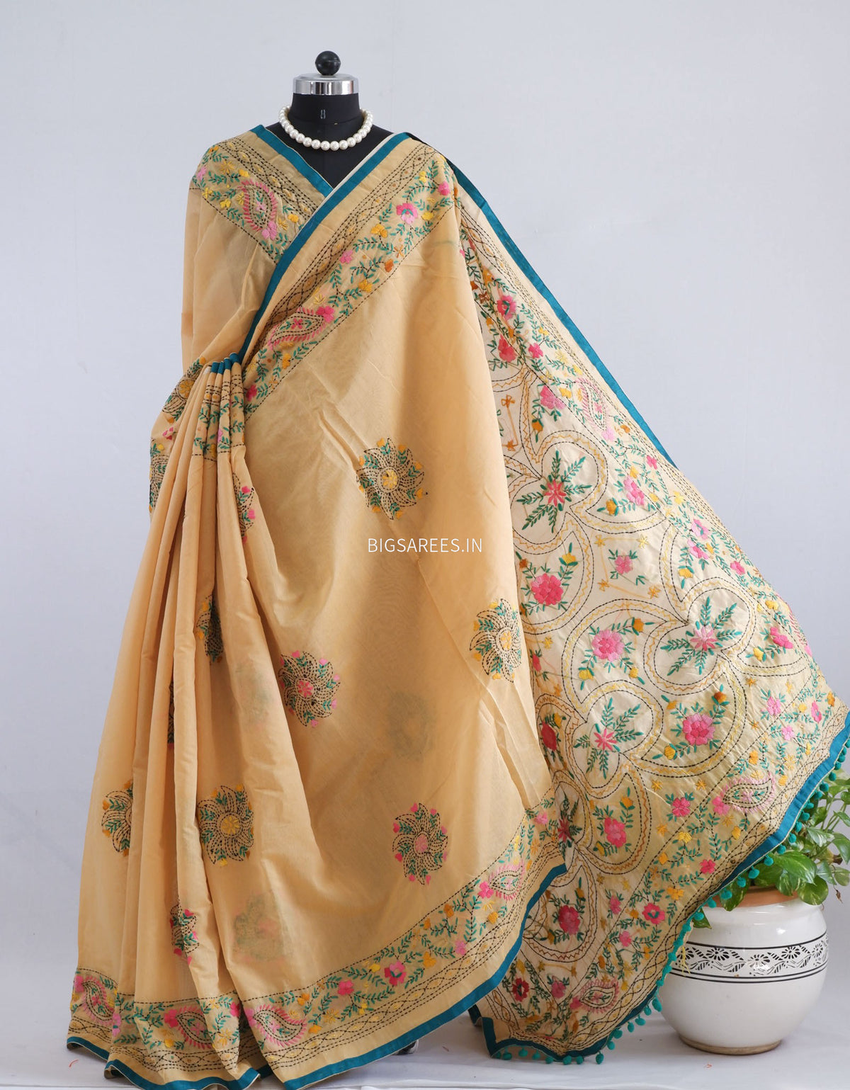 Phulkari Hand-Embroidered Saree | Chanderi Silk | Trombone
