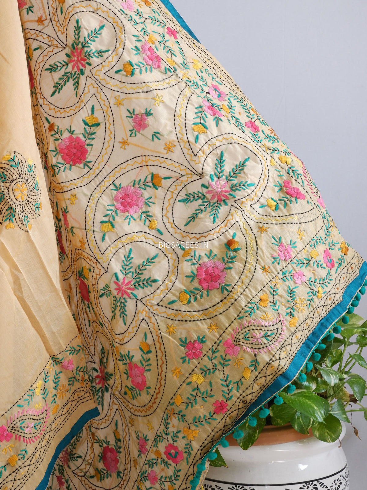 Phulkari Hand-Embroidered Saree | Chanderi Silk | Trombone