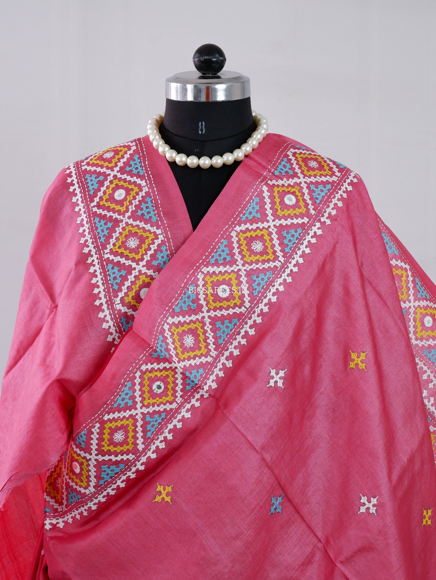 Kutchi Hand Embroidered Saree | Tassar Silk | Silk Marked | Hot Pink