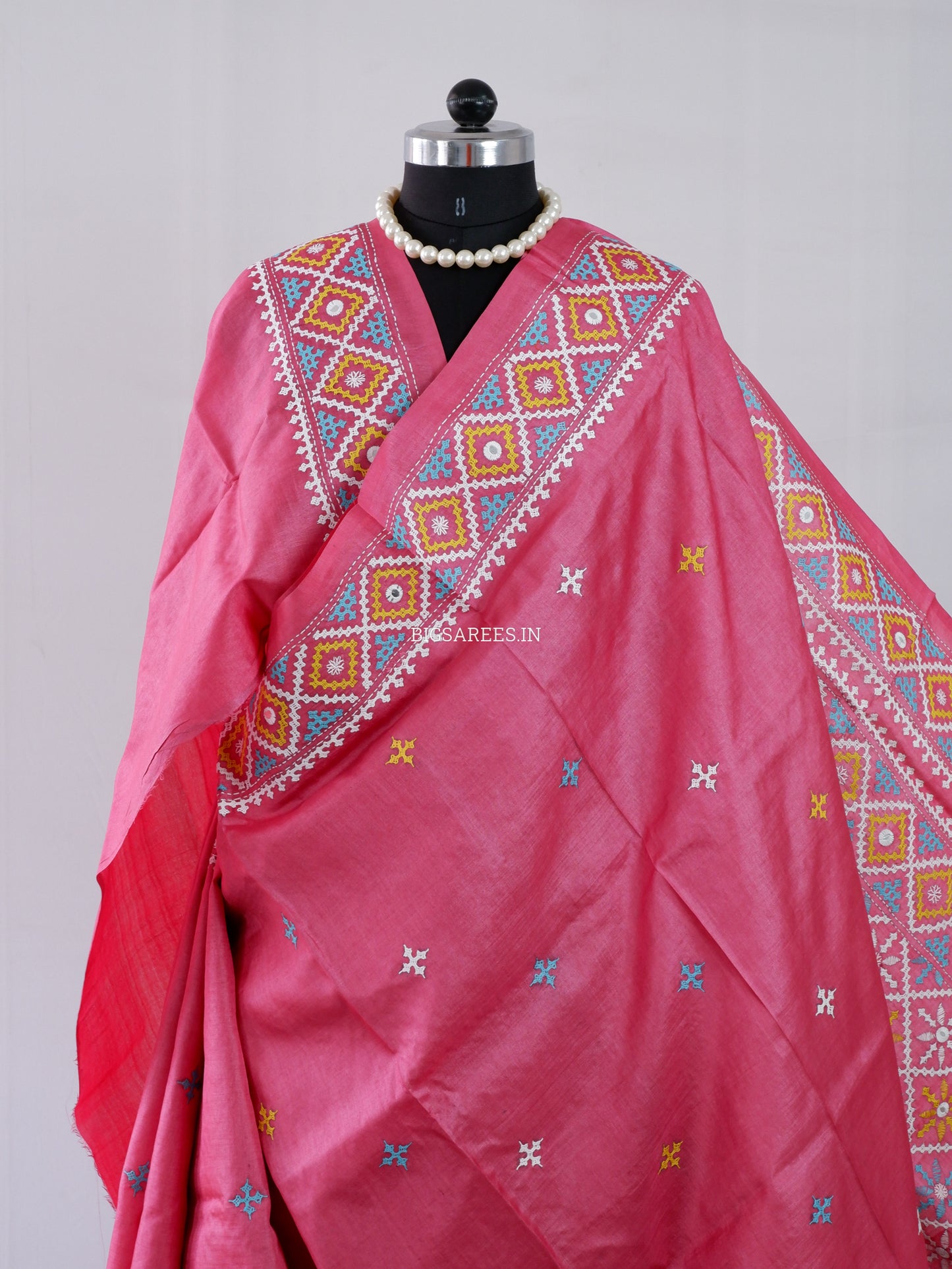 Kutchi Hand Embroidered Saree | Tassar Silk | Silk Marked | Hot Pink