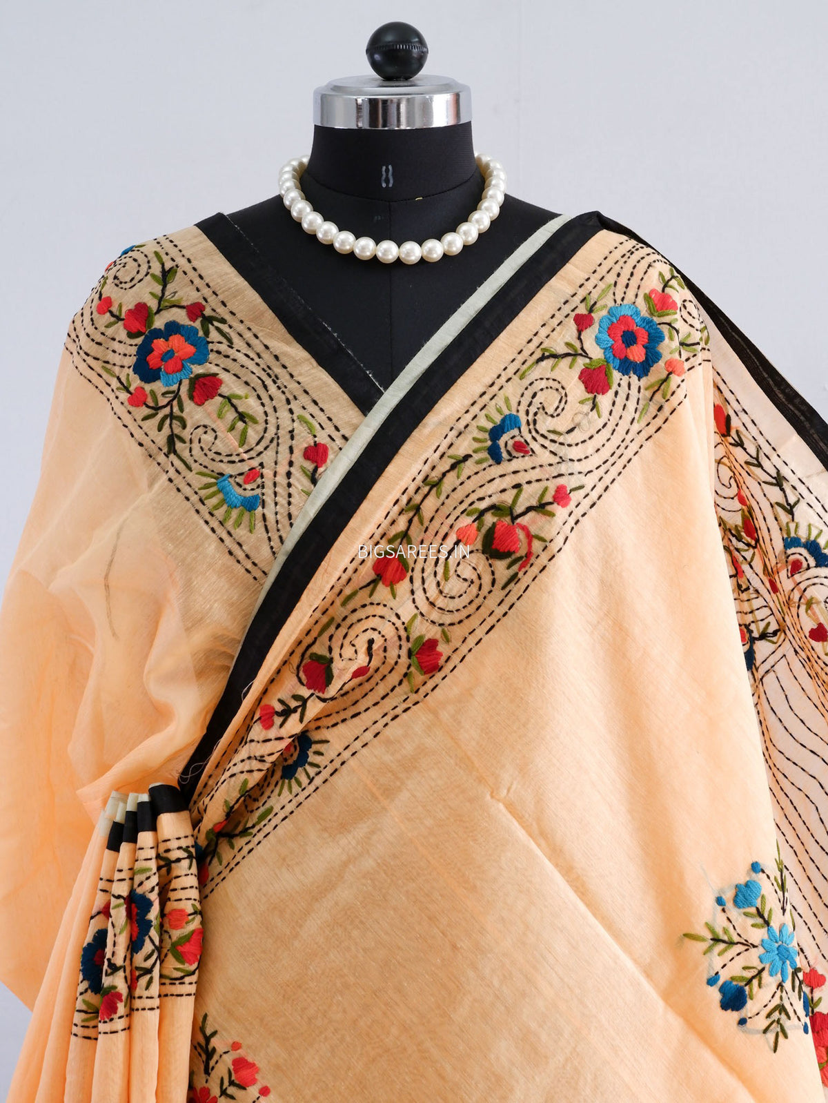 Phulkari Hand-Embroidered Saree | Chanderi Silk | Pale Orange