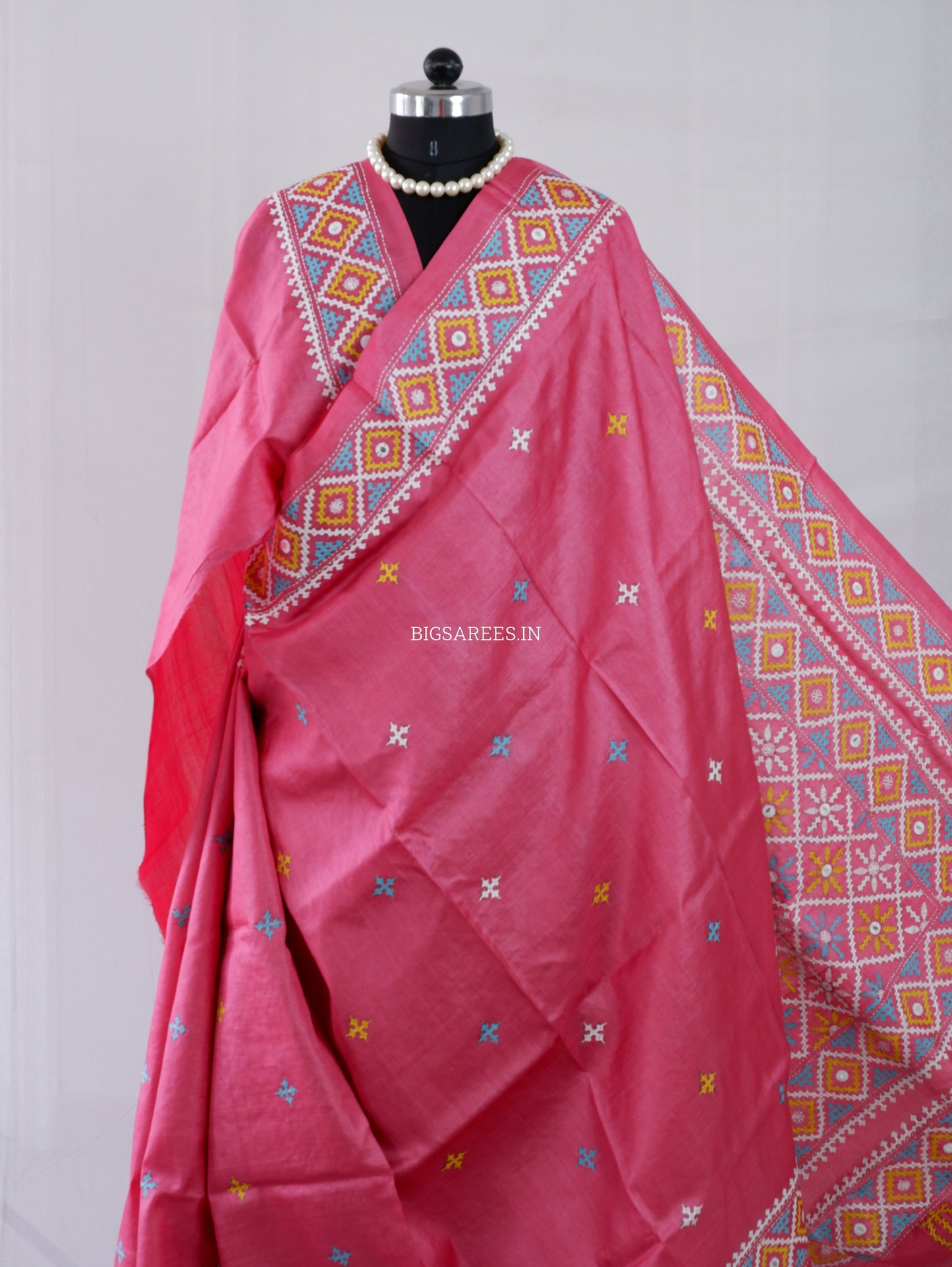 Kutchi Hand Embroidered Saree | Tassar Silk | Silk Marked | Hot Pink
