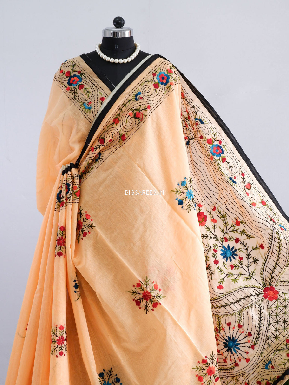Phulkari Hand-Embroidered Saree | Chanderi Silk | Pale Orange