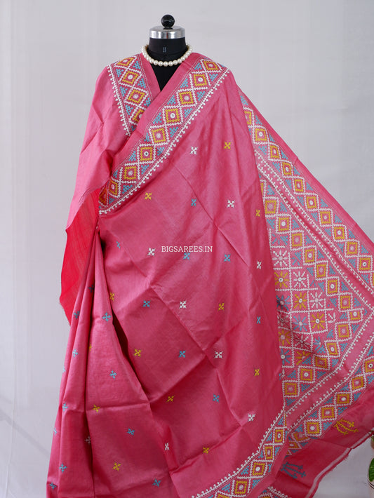 Kutchi Hand Embroidered Saree | Tassar Silk | Silk Marked | Hot Pink