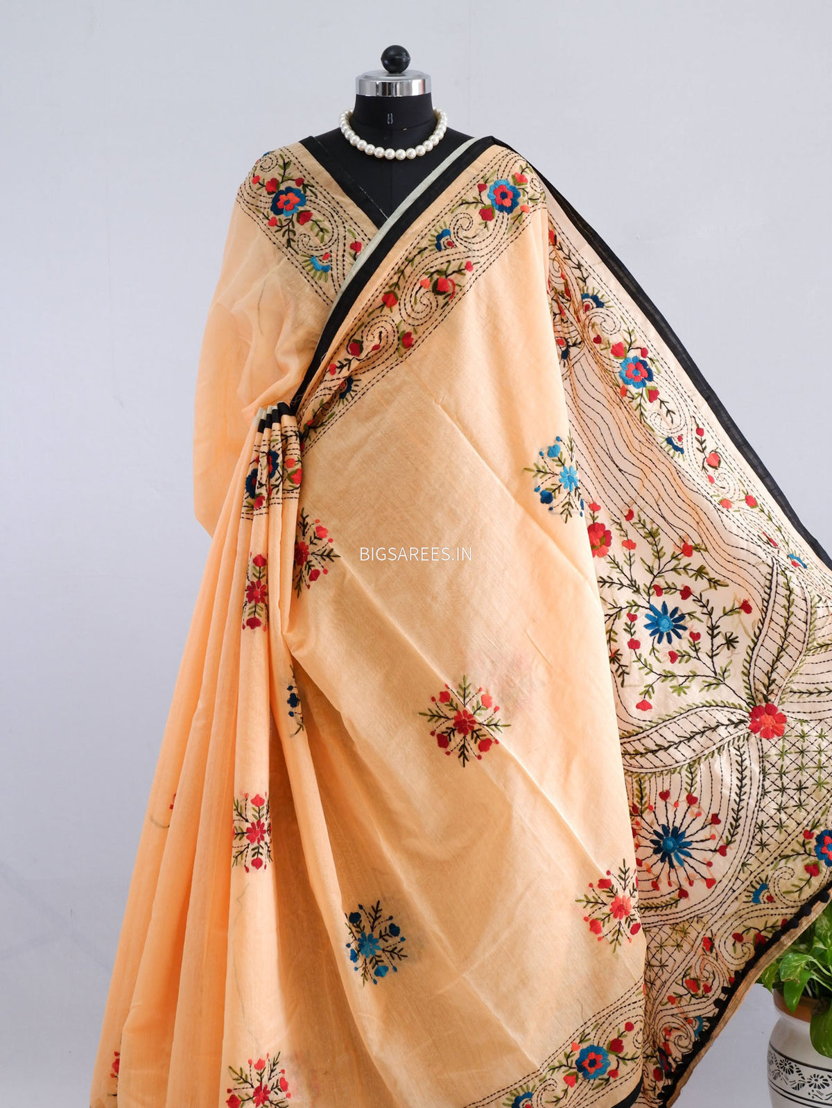 Phulkari Hand-Embroidered Saree | Chanderi Silk | Pale Orange
