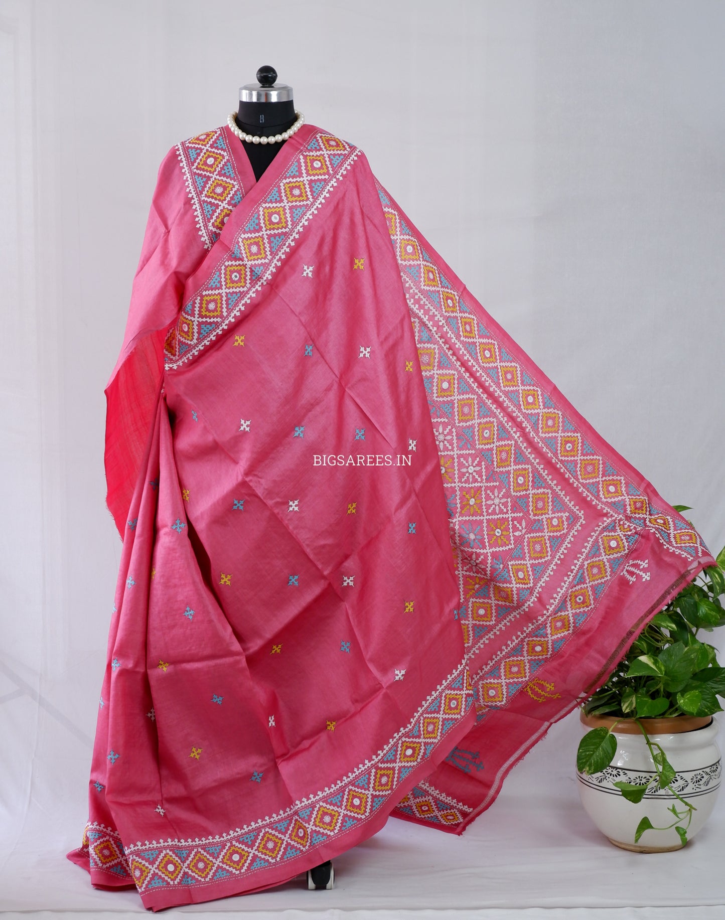 Kutchi Hand Embroidered Saree | Tassar Silk | Silk Marked | Hot Pink