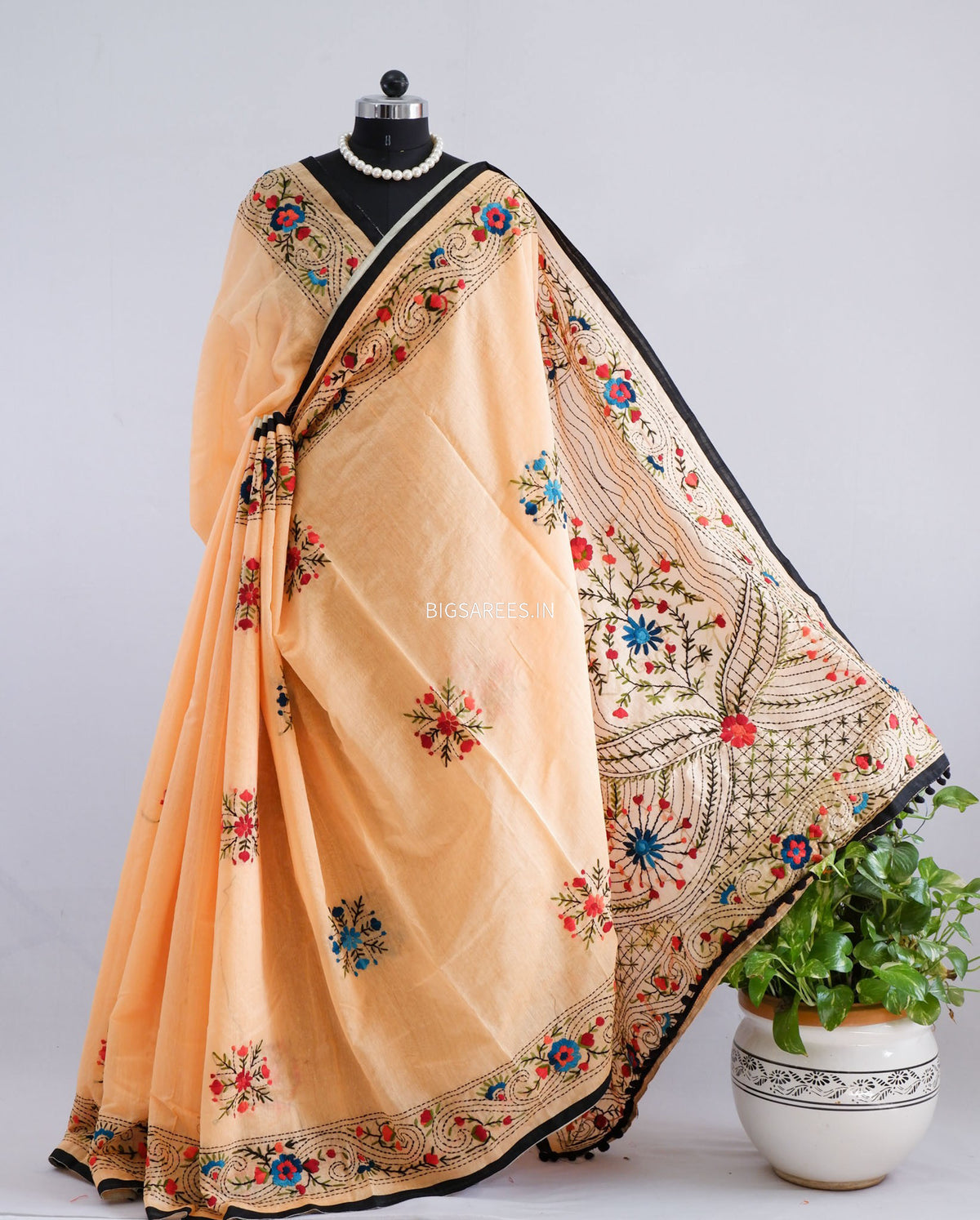 Phulkari Hand-Embroidered Saree | Chanderi Silk | Pale Orange