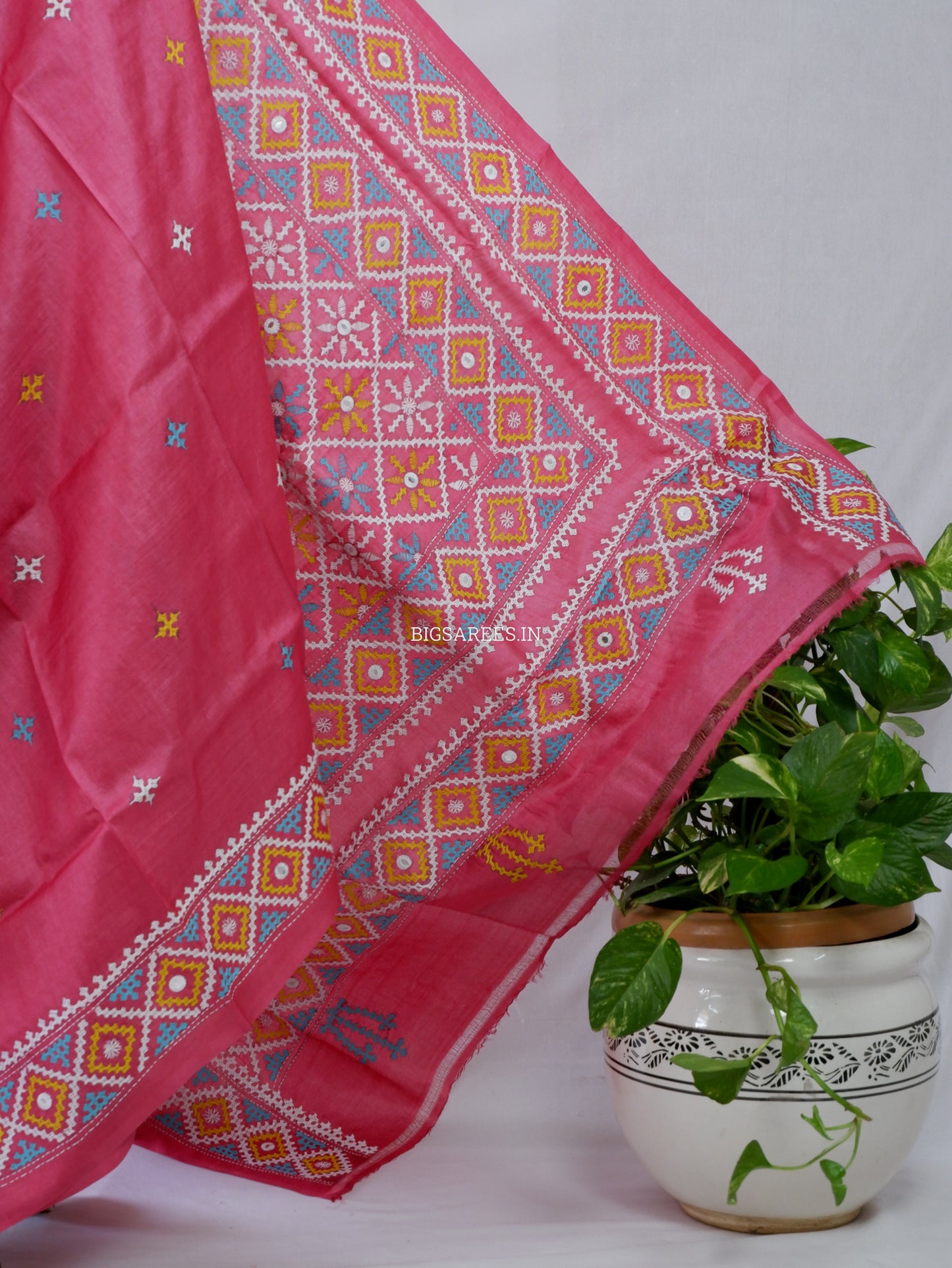 Kutchi Hand Embroidered Saree | Tassar Silk | Silk Marked | Hot Pink