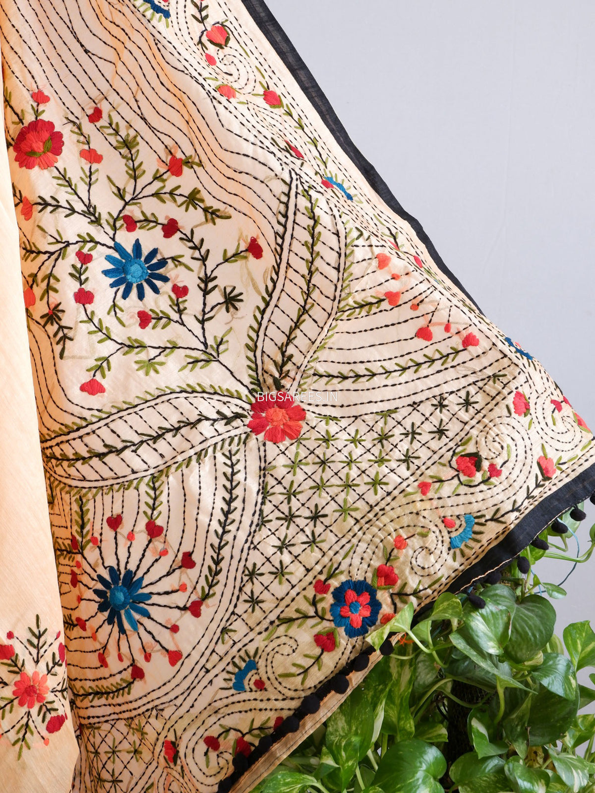 Phulkari Hand-Embroidered Saree | Chanderi Silk | Pale Orange