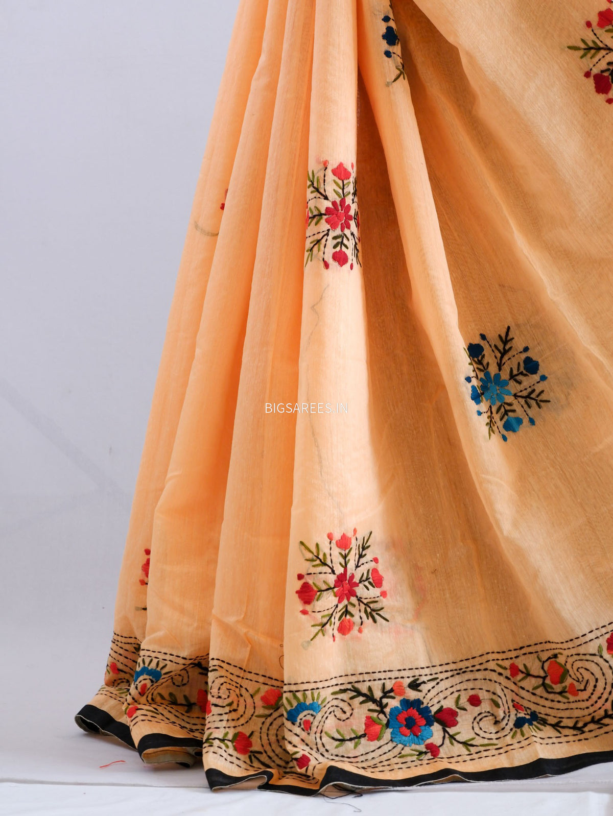 Phulkari Hand-Embroidered Saree | Chanderi Silk | Pale Orange