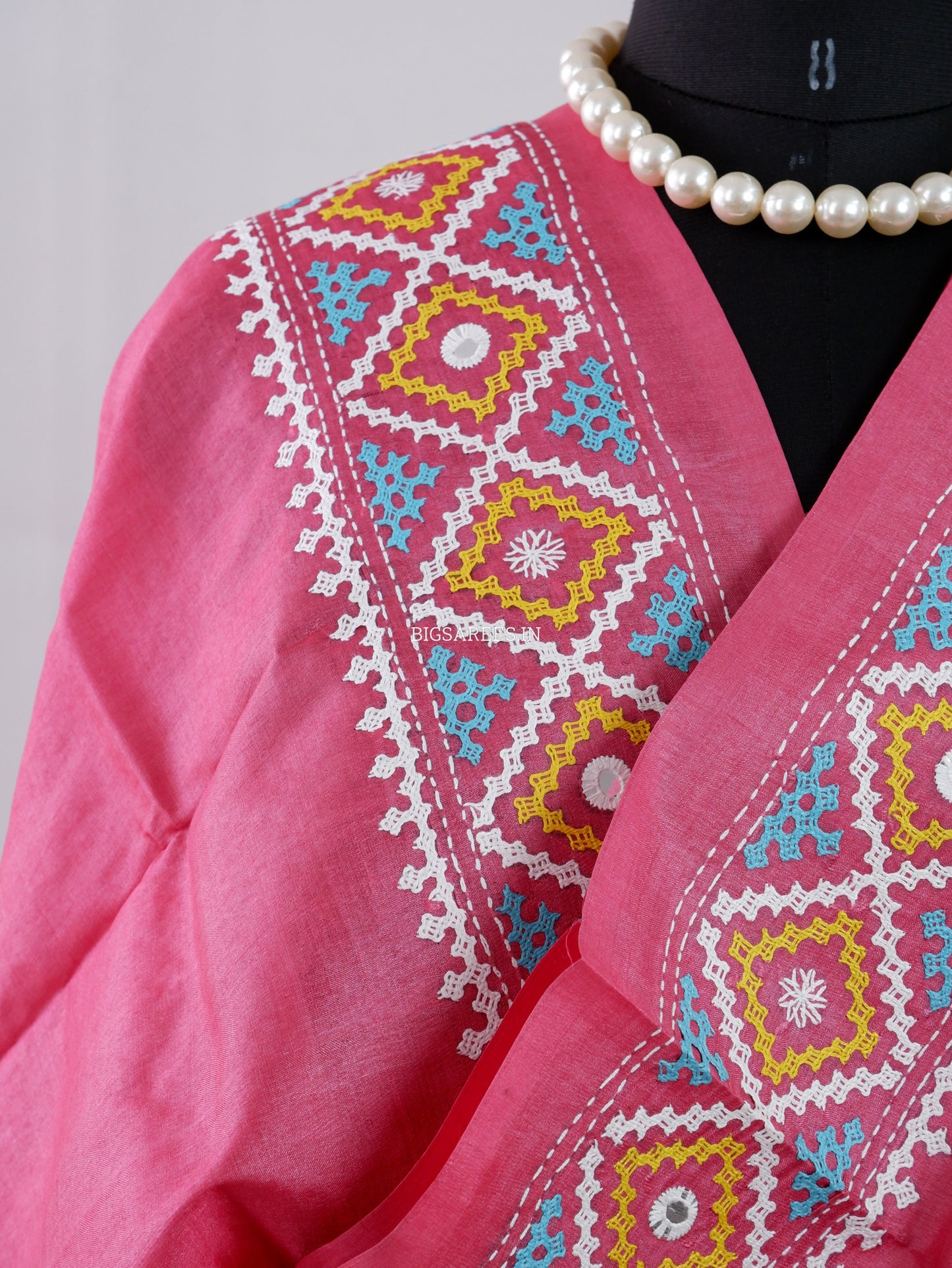 Kutchi Hand Embroidered Saree | Tassar Silk | Silk Marked | Hot Pink