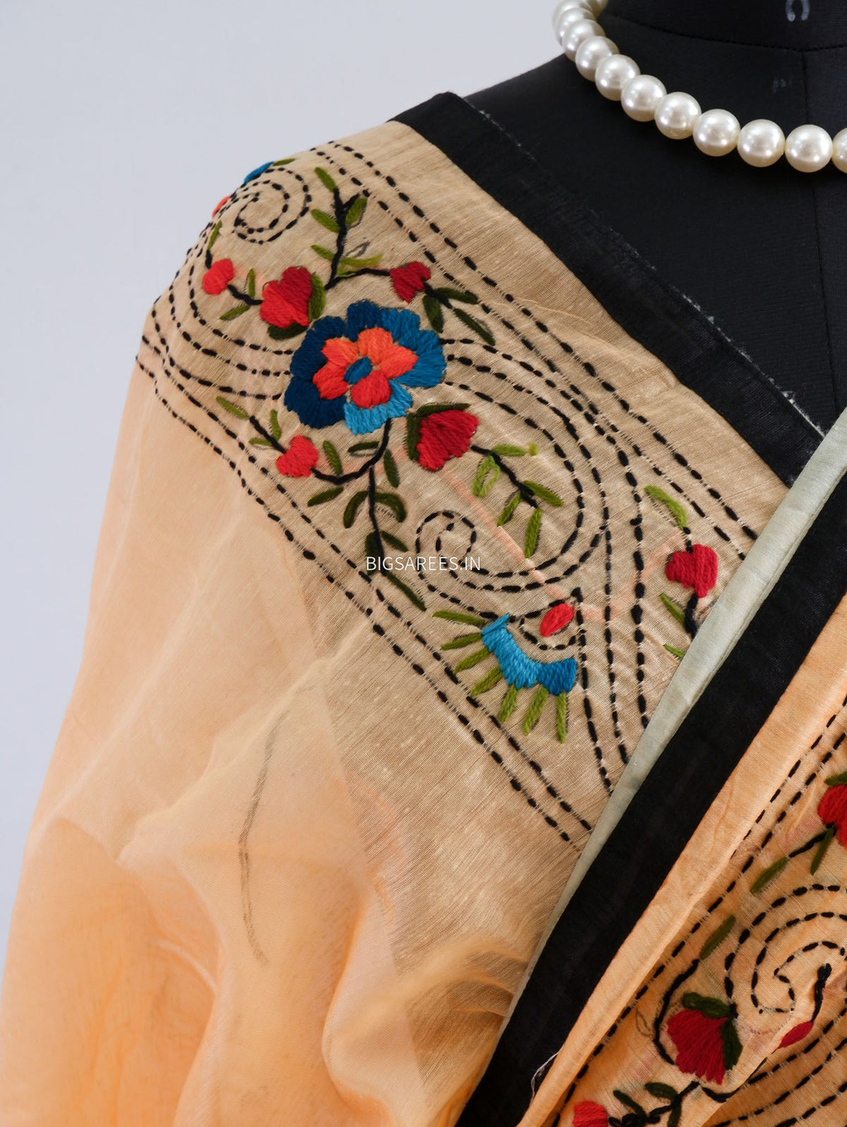Phulkari Hand-Embroidered Saree | Chanderi Silk | Pale Orange