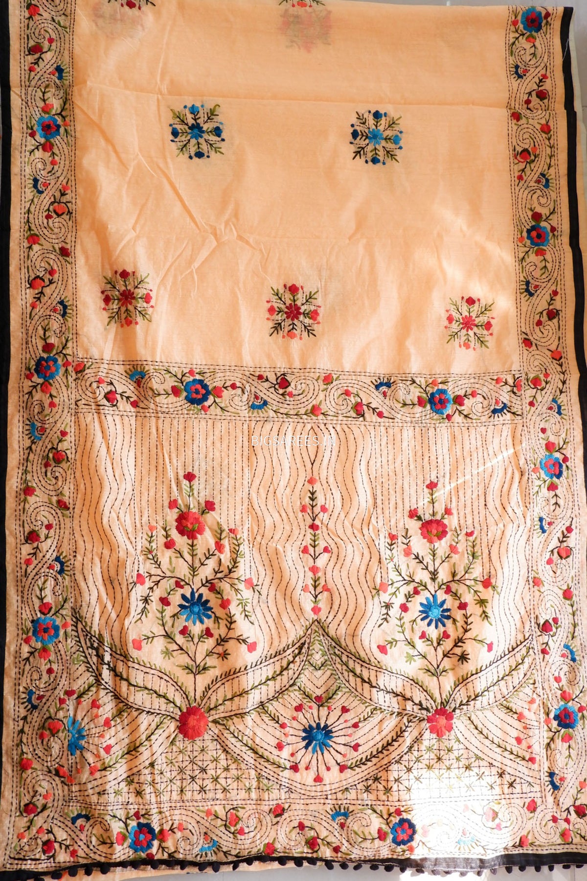 Phulkari Hand-Embroidered Saree | Chanderi Silk | Pale Orange