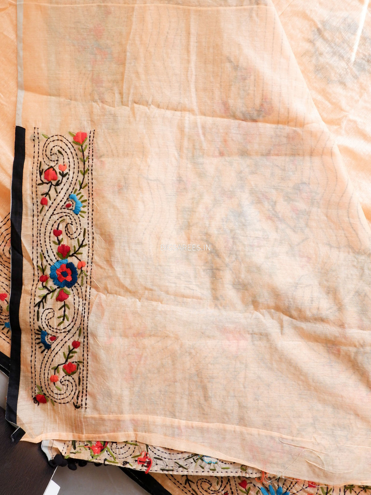 Phulkari Hand-Embroidered Saree | Chanderi Silk | Pale Orange