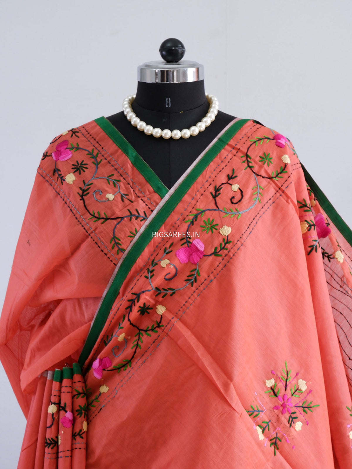 Phulkari Hand-Embroidered Saree | Chanderi Silk | Scarlet Red