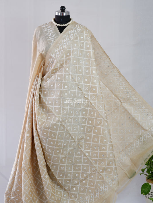Kutchi Hand Embroidered Saree | Tassar Silk | Silk Marked | Beige