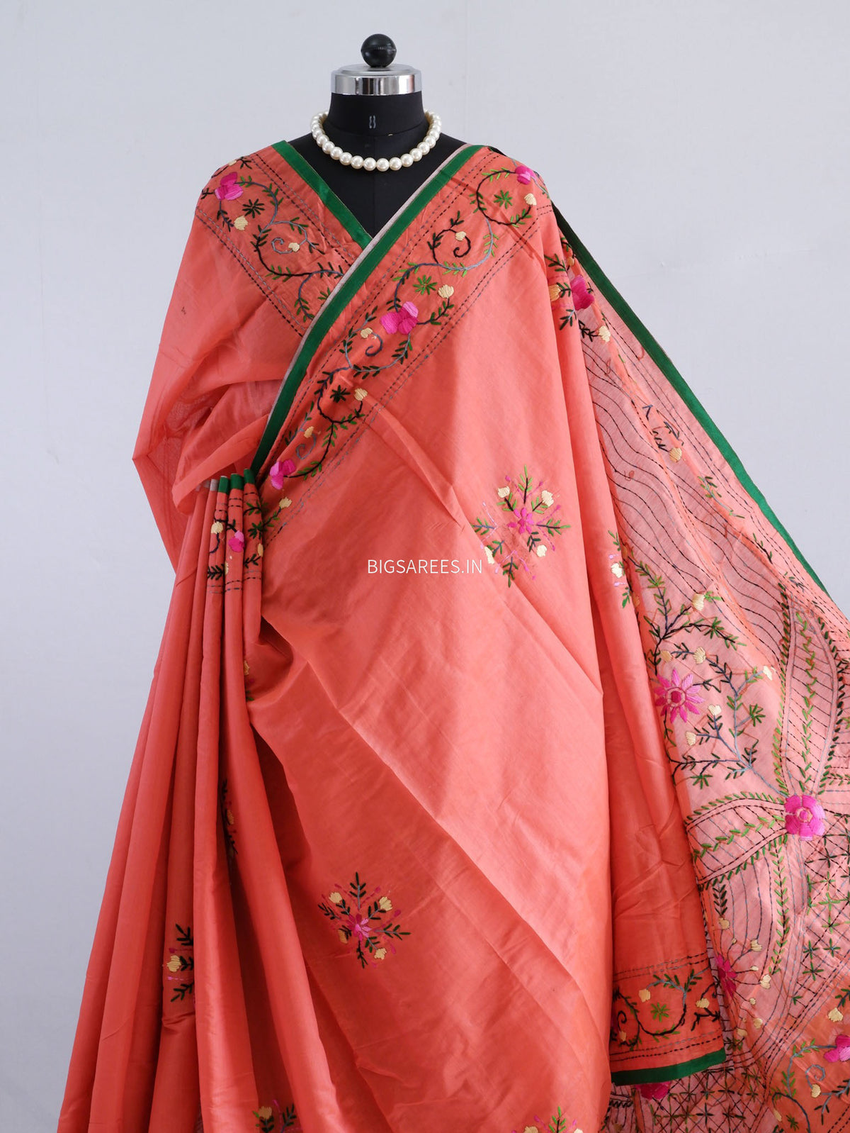 Phulkari Hand-Embroidered Saree | Chanderi Silk | Scarlet Red
